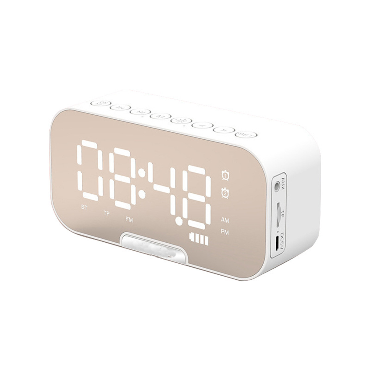 Ein weißer digitaler Wecker mit beleuchtetem Display, das 08:48 anzeigt.