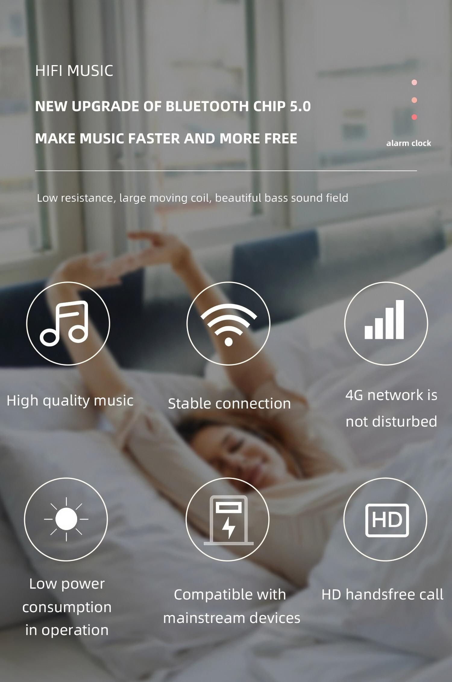 Frau im Bett mit Symbolen: Musik, WLAN, Signal, geringer Stromverbrauch, kompatibel, HD-Anruf.