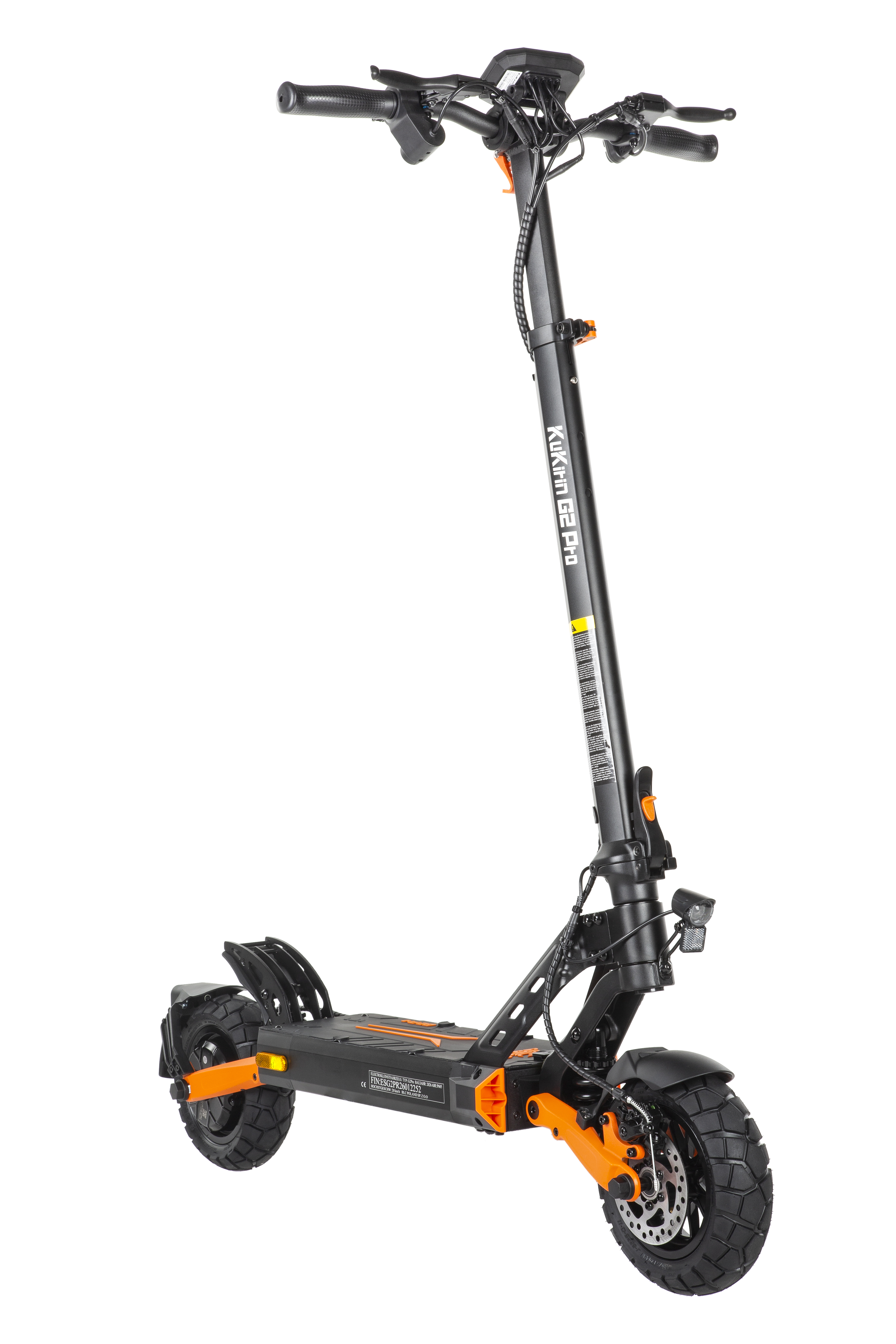 Schwarzer E-Scooter mit orangefarbenen Akzenten, breiten Reifen und Display.