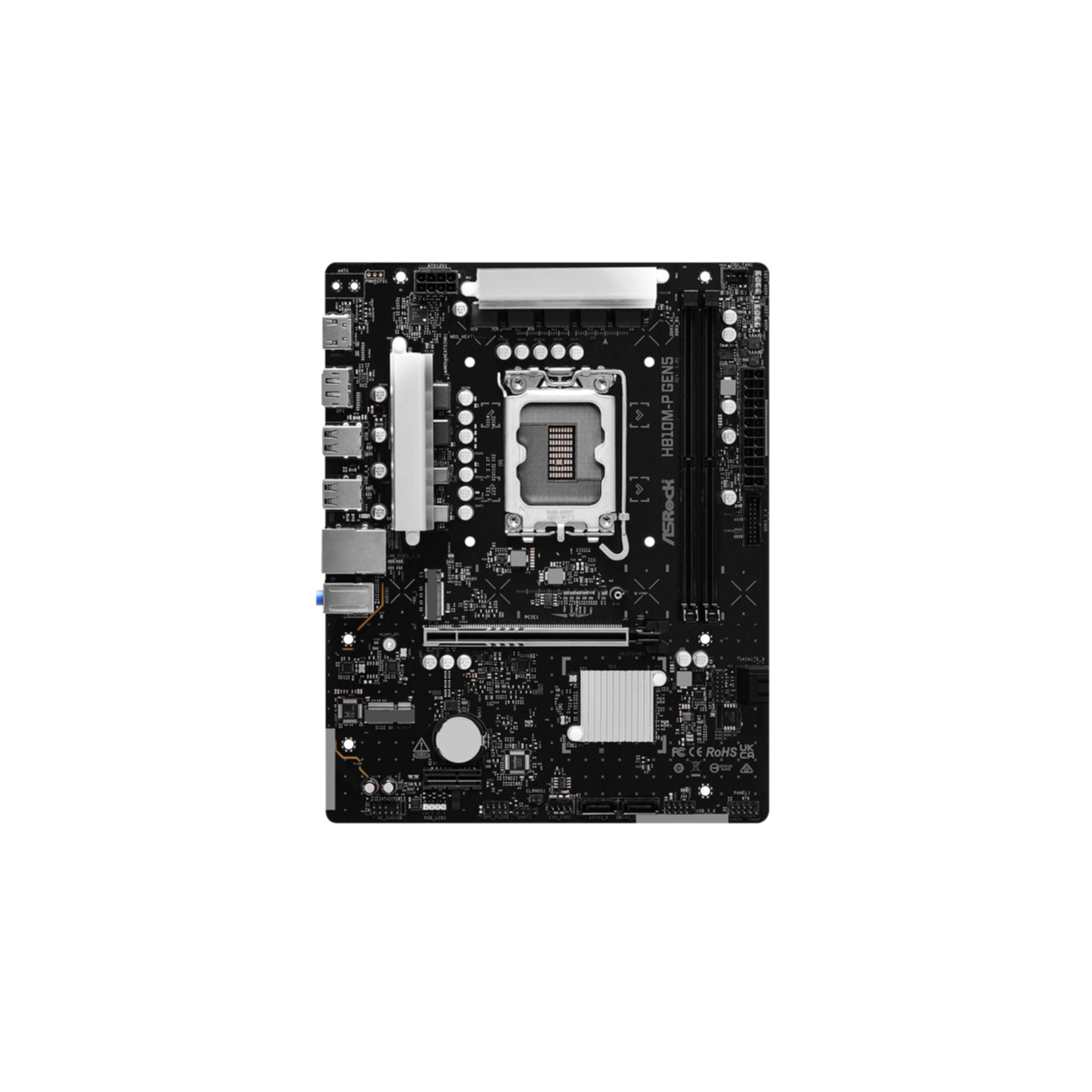 A black motherboard featuring a CPU socket, RAM slots, and connectors.