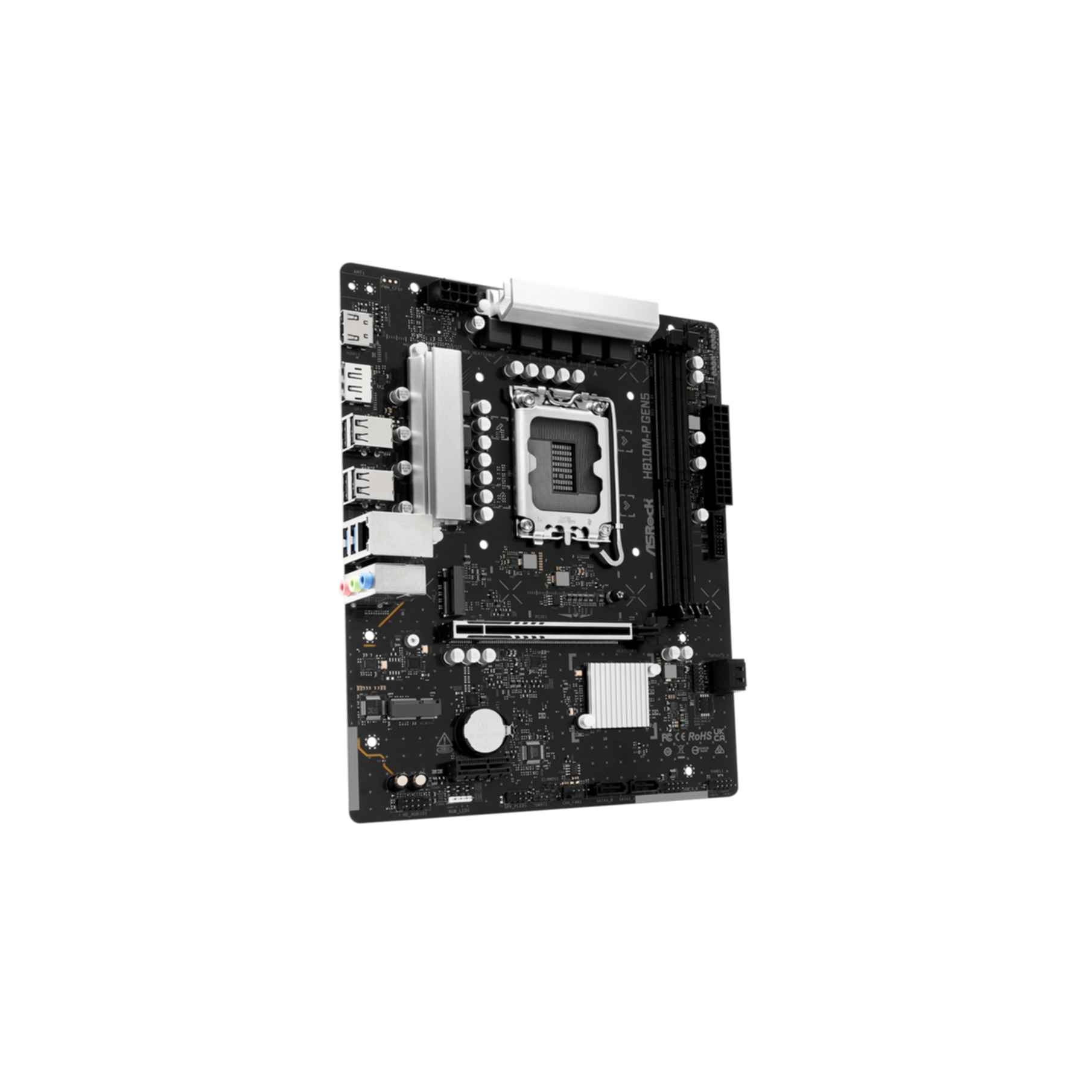 A black ASRock H810M-P GENS motherboard with silver heatsinks and ports.