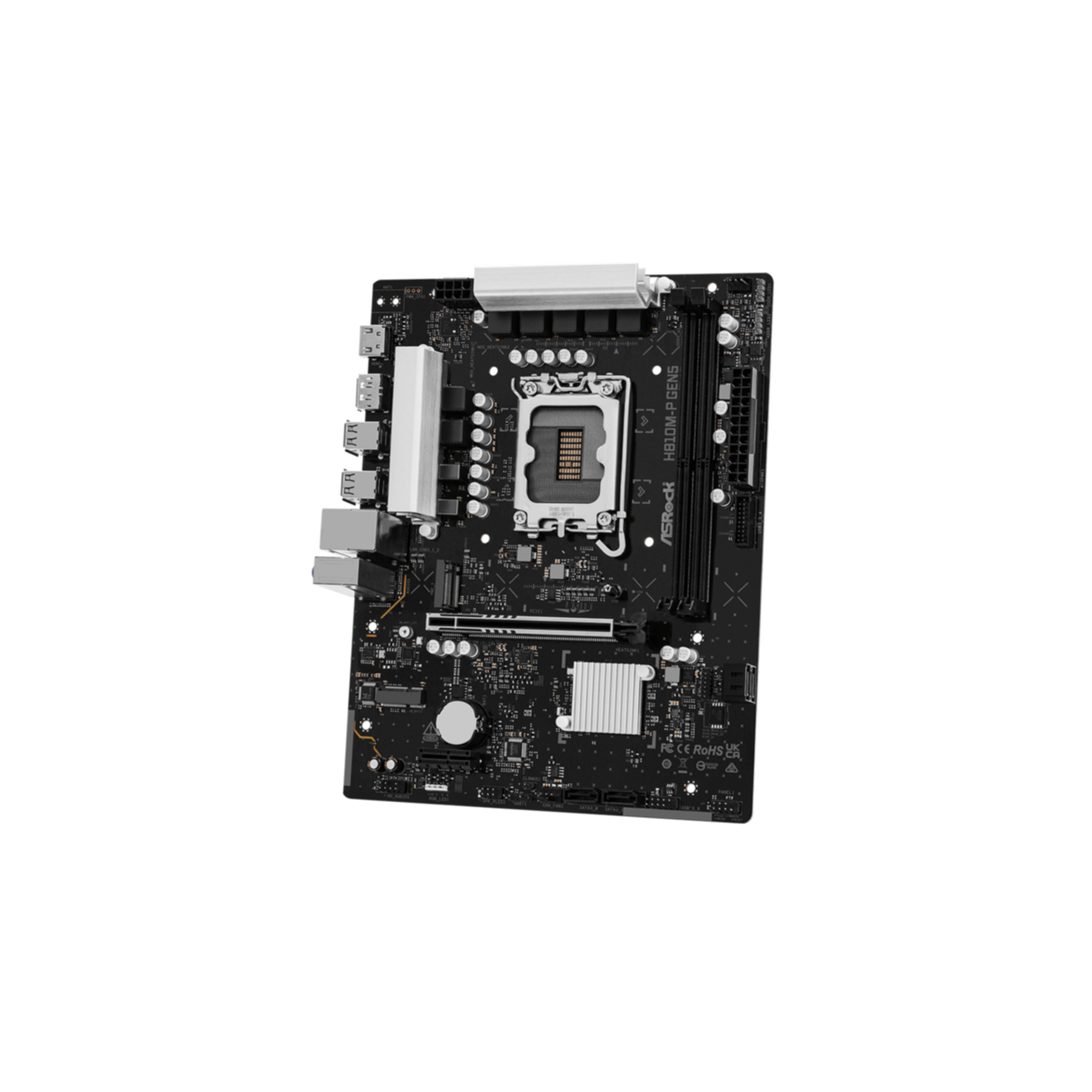 Black motherboard with silver heatsinks and ports.
