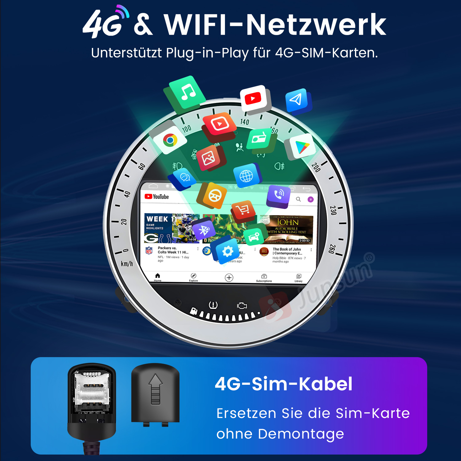 Digitale Anzeige mit Apps, 4G-SIM-Kabel und Text über Netzwerk.
