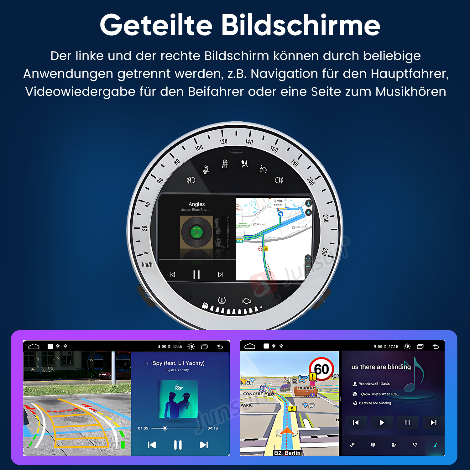 Geteilte Bildschirme mit Navigation, Musik und Kamerabild.