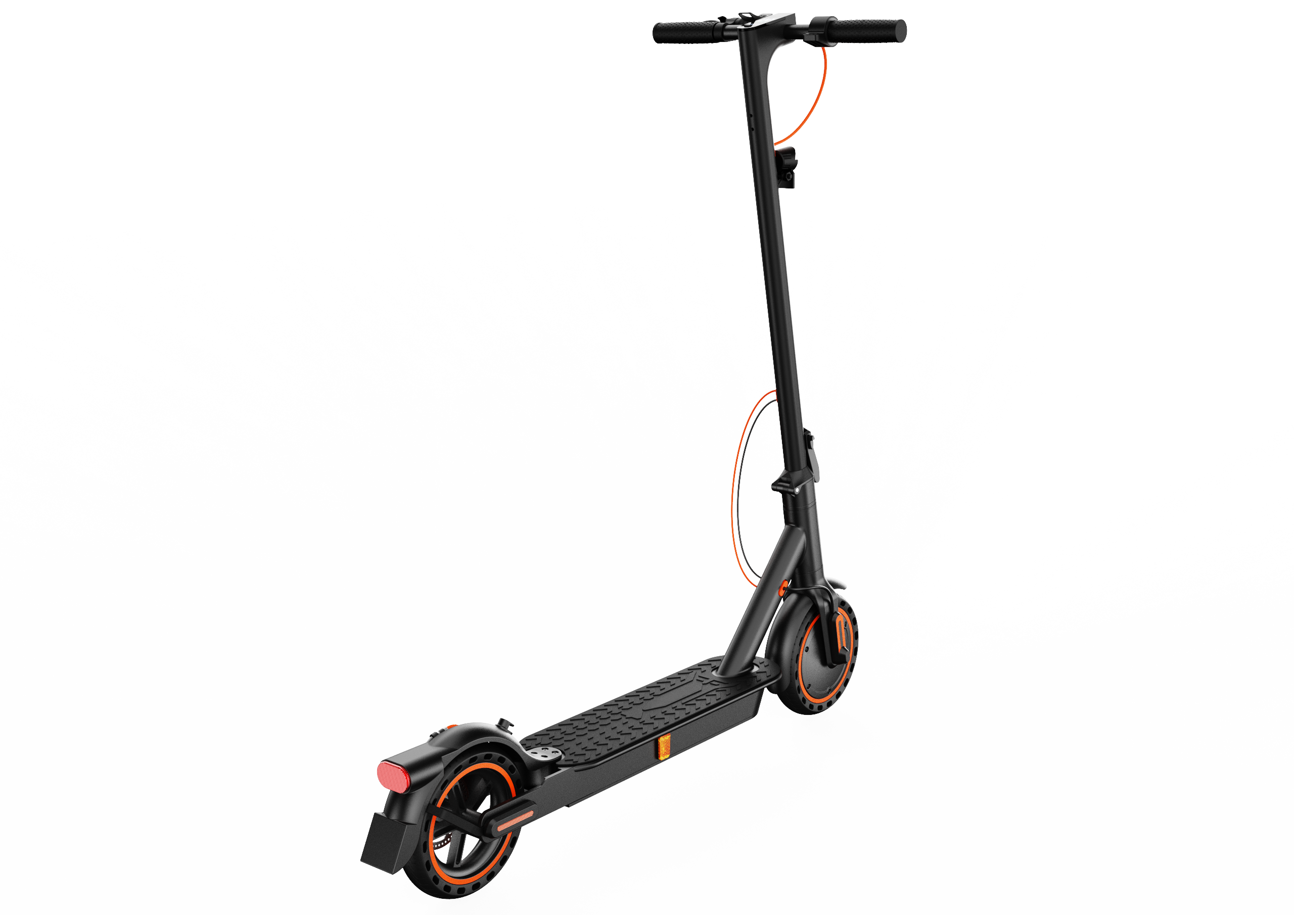 Ein schwarzer Elektroroller mit orangefarbenen Akzenten steht auf schwarzem Grund.