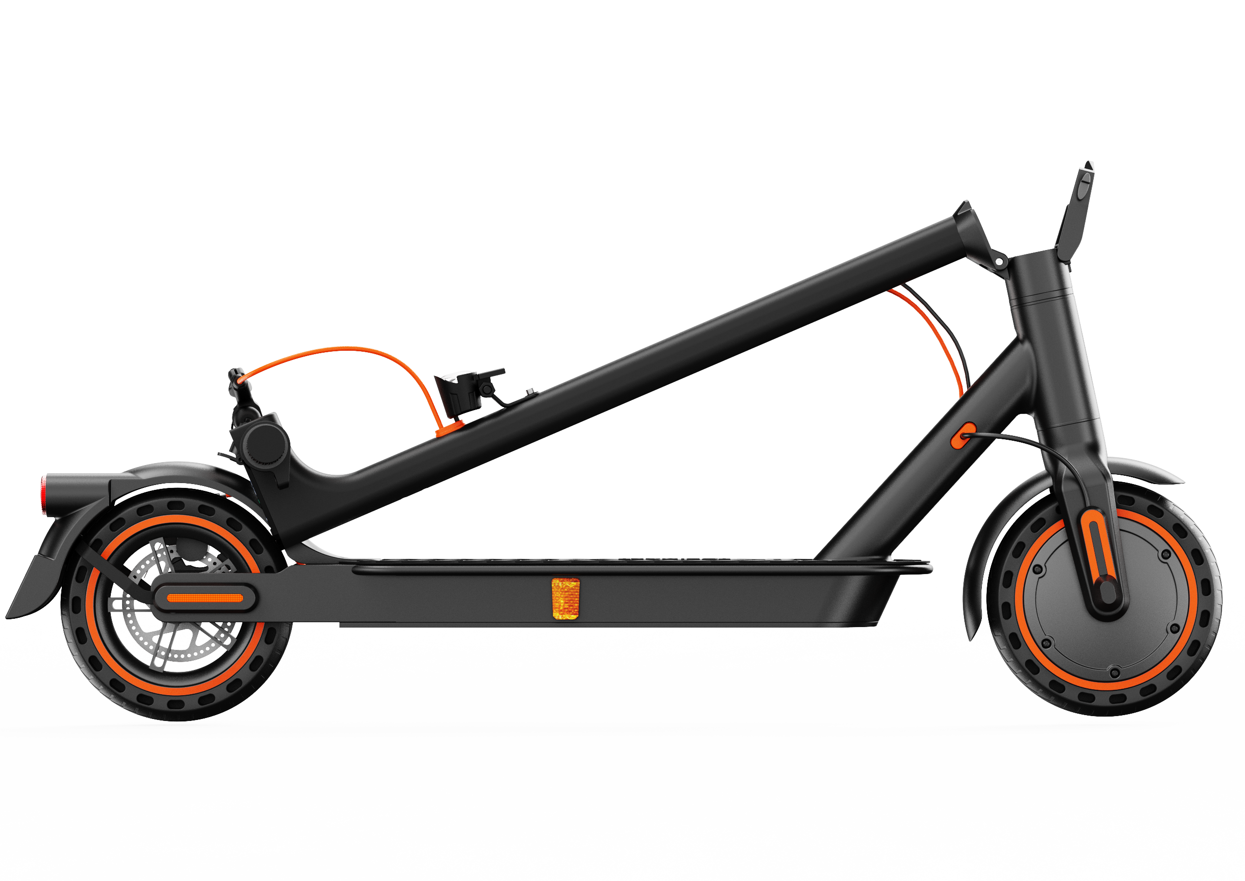 Schwarzer Elektroroller mit orangefarbenen Akzenten auf schwarzem Hintergrund.