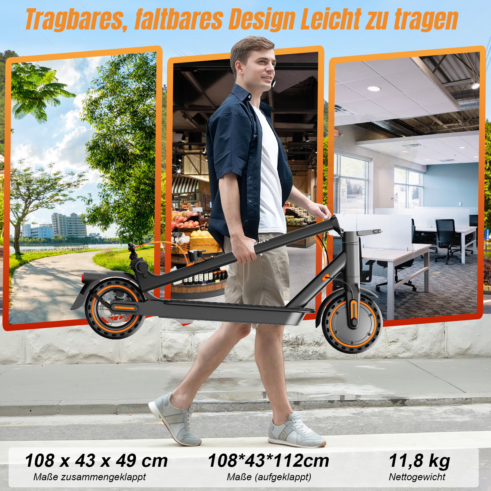 Mann trägt zusammenklappbaren E-Scooter, zeigt Park, Laden und Büro.