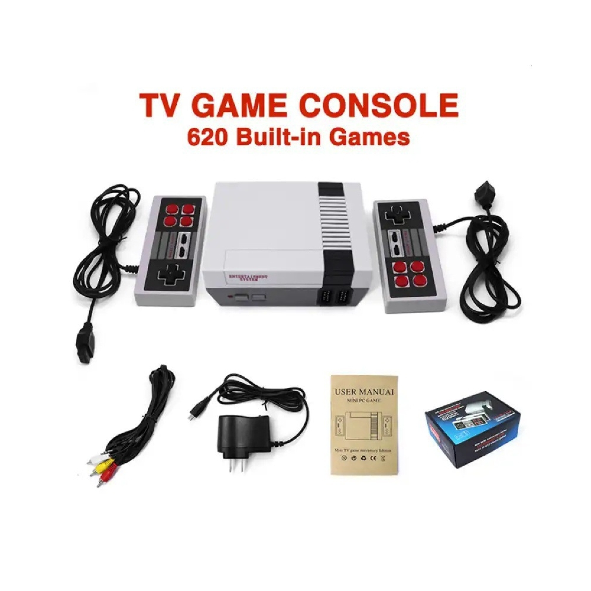TV-Spielekonsole mit 620 Spielen, 2 Controllern, Kabeln, Netzteil und Handbuch.