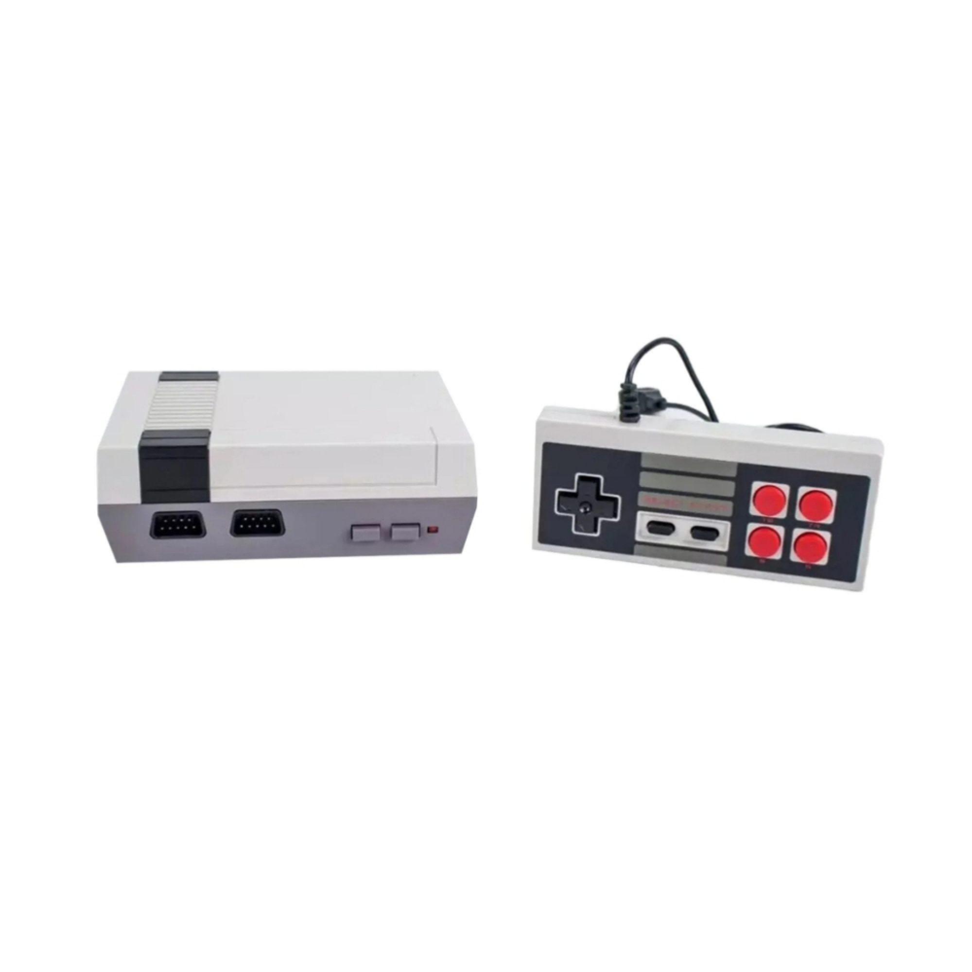 Ein grauer Retro-Videospiel-Controller und eine Konsole auf weißem Hintergrund.