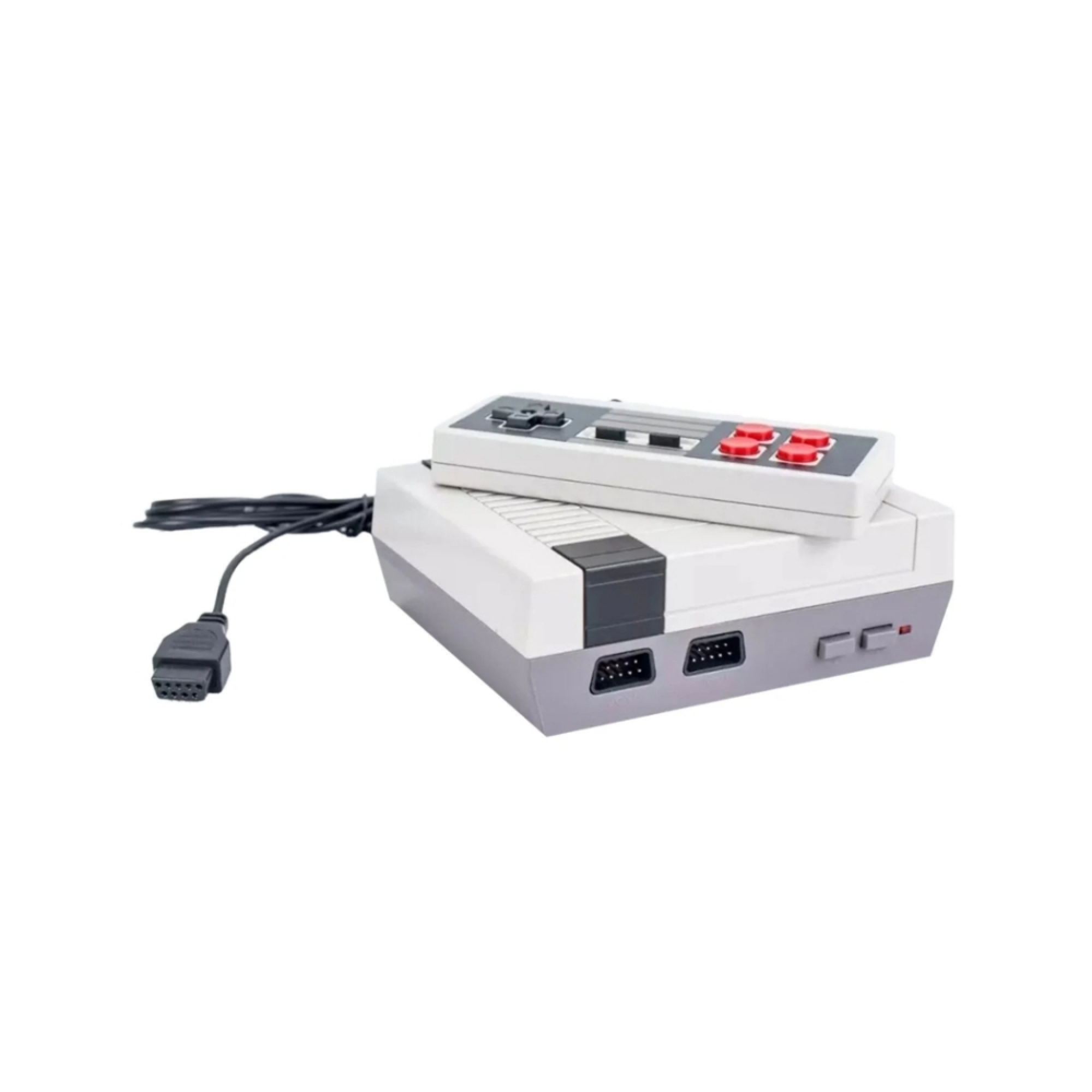Graue und weiße Videospielkonsole mit Controller und schwarzem Kabel.