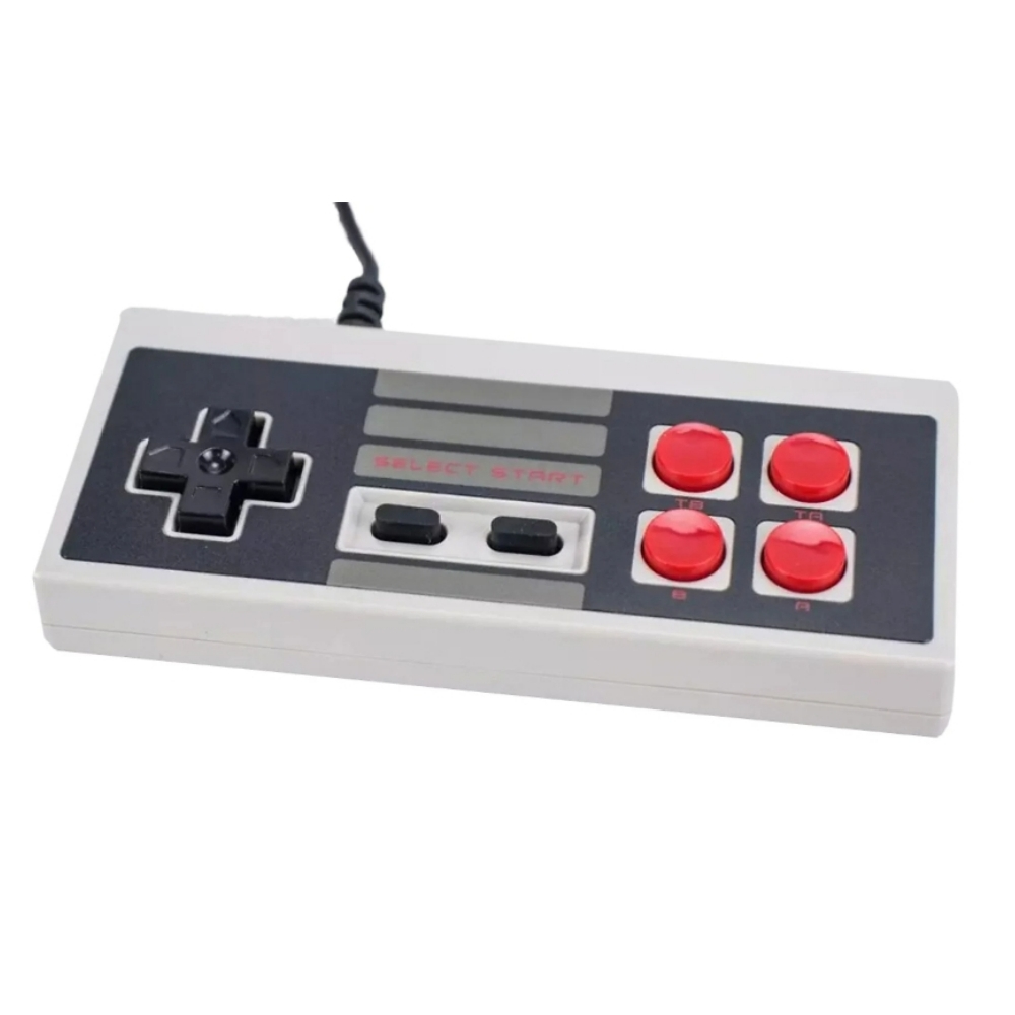Grauer und schwarzer Videospiel-Controller mit roten Knöpfen und D-Pad.