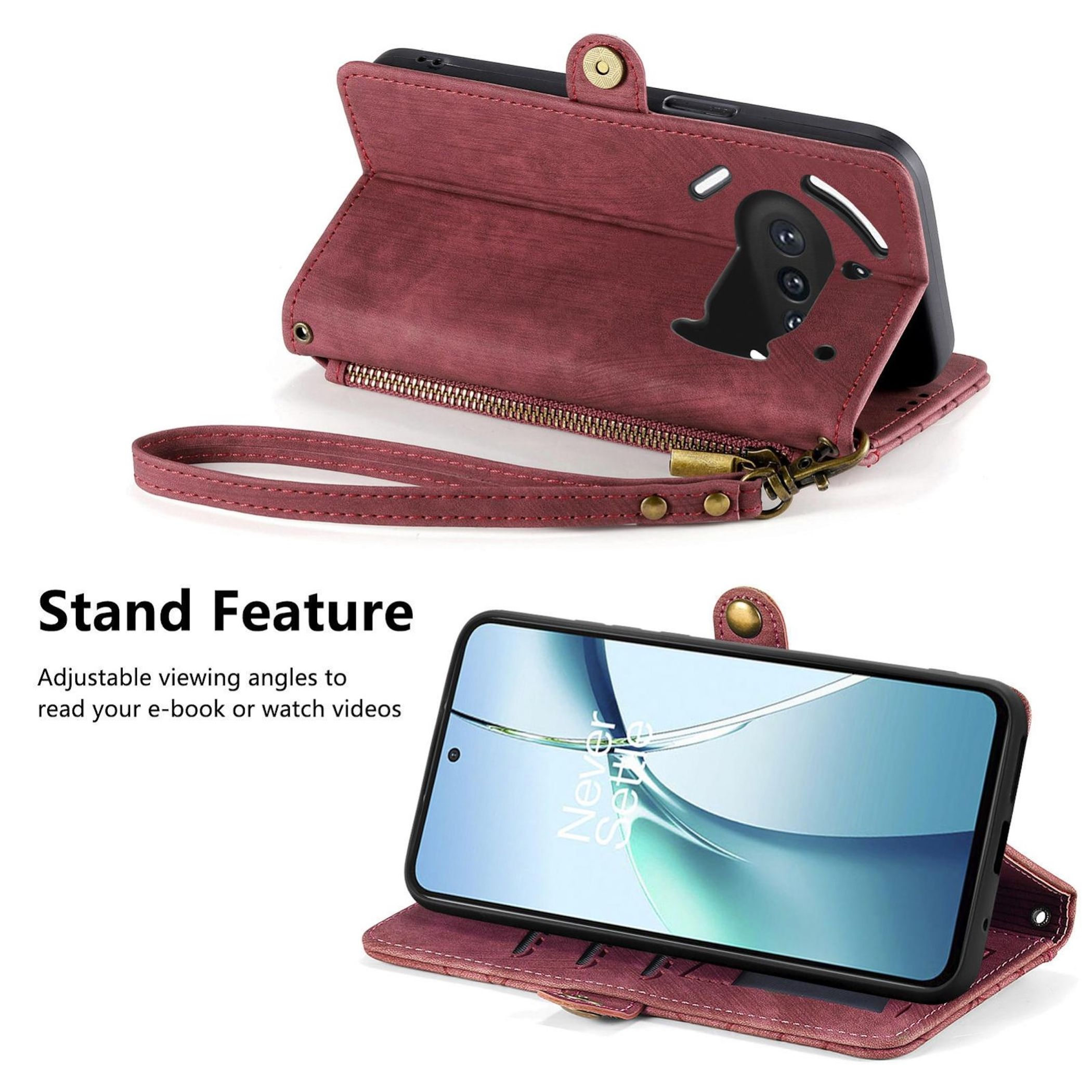 Funda tipo libro de teléfono color granate con función de soporte.