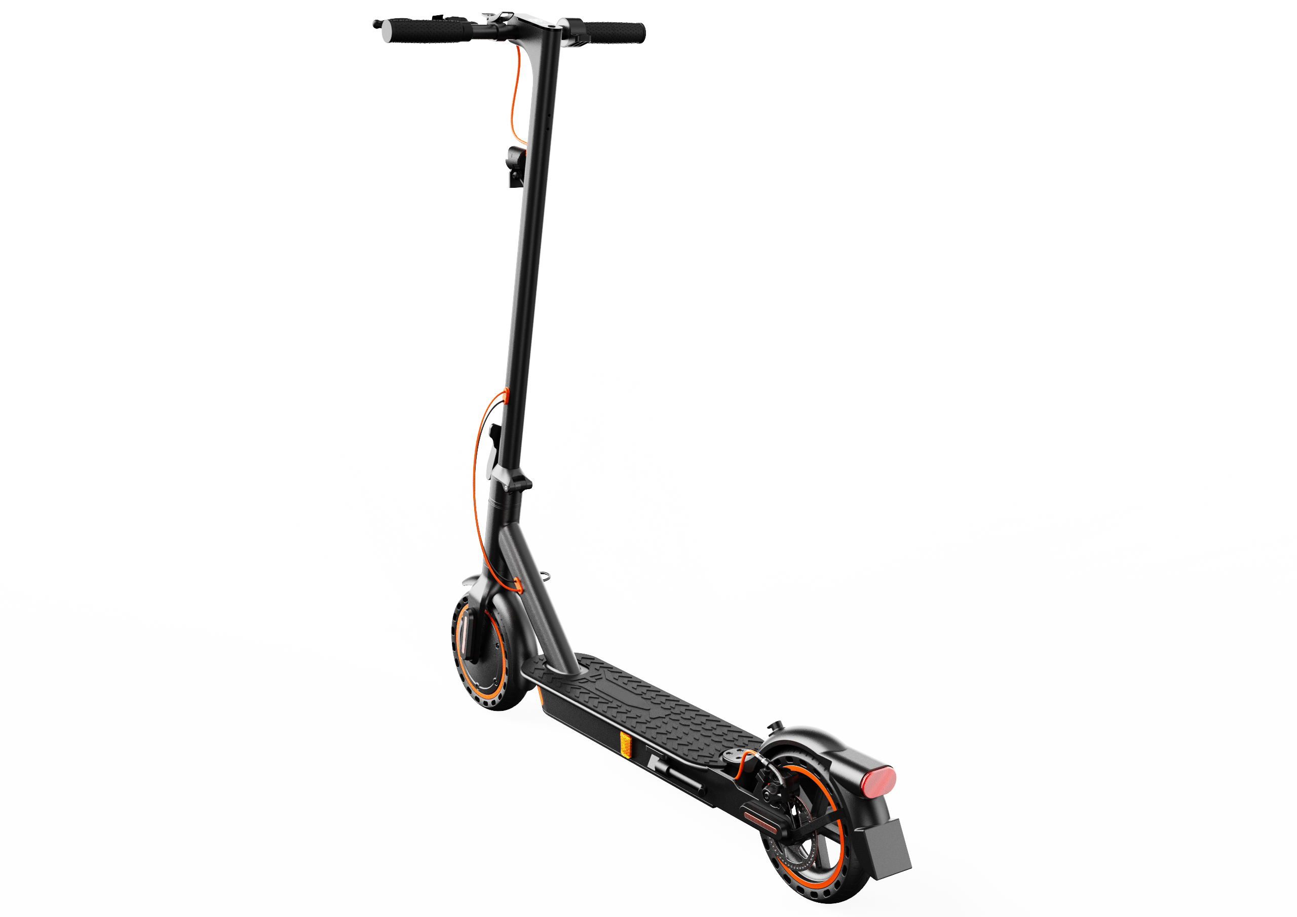 Ein schwarzer Elektroroller mit orangefarbenen Akzenten steht auf dunklem Grund.