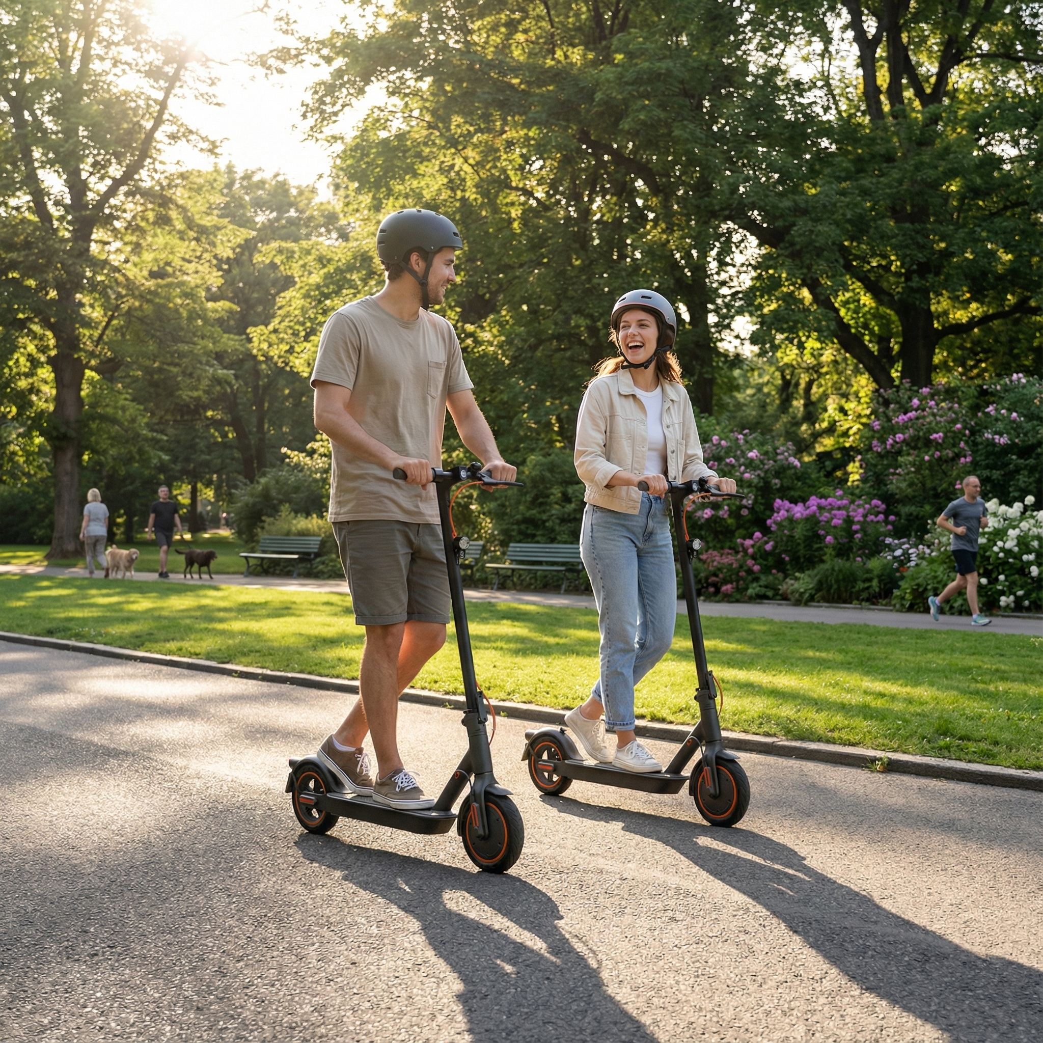 Ein Mann und eine Frau fahren Elektroroller in einem Park bei Sonnenschein.