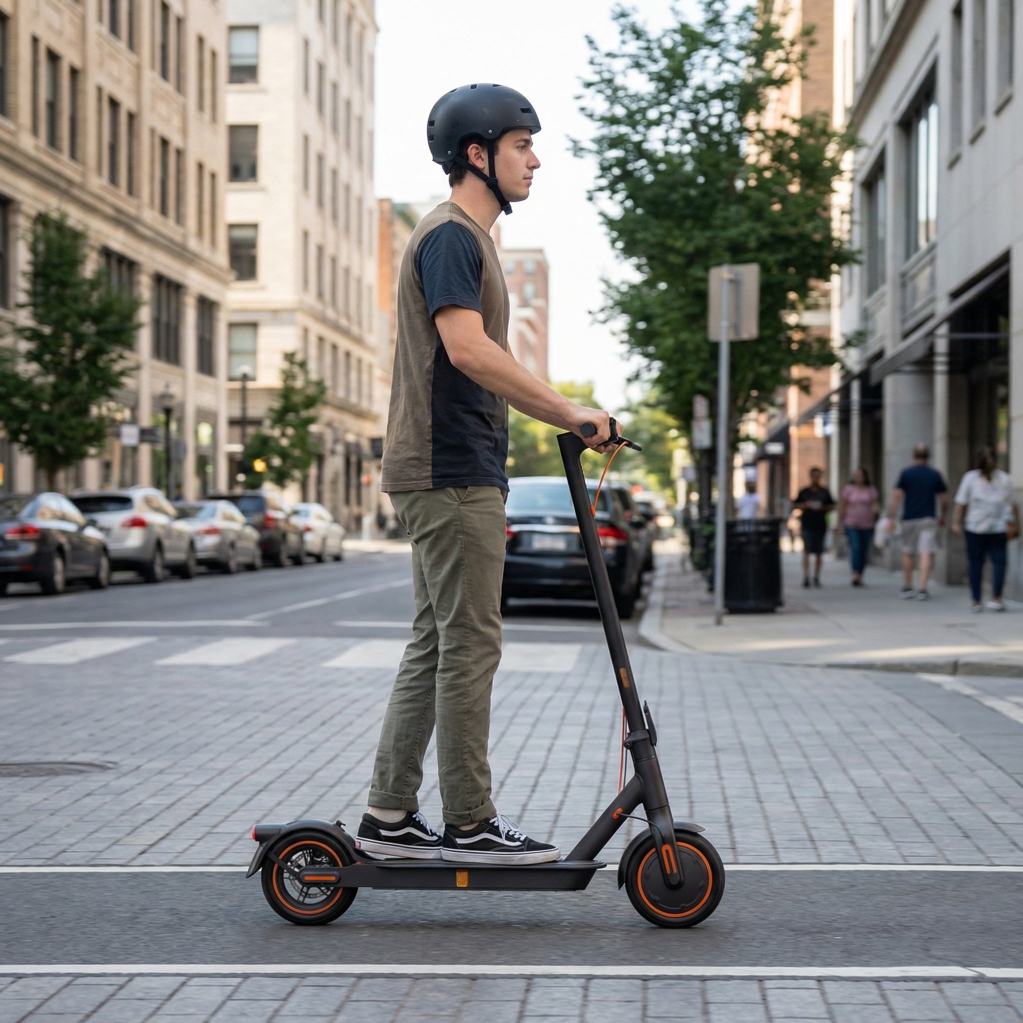 Ein Mann mit Helm fährt einen E-Scooter auf einer Stadtstraße.