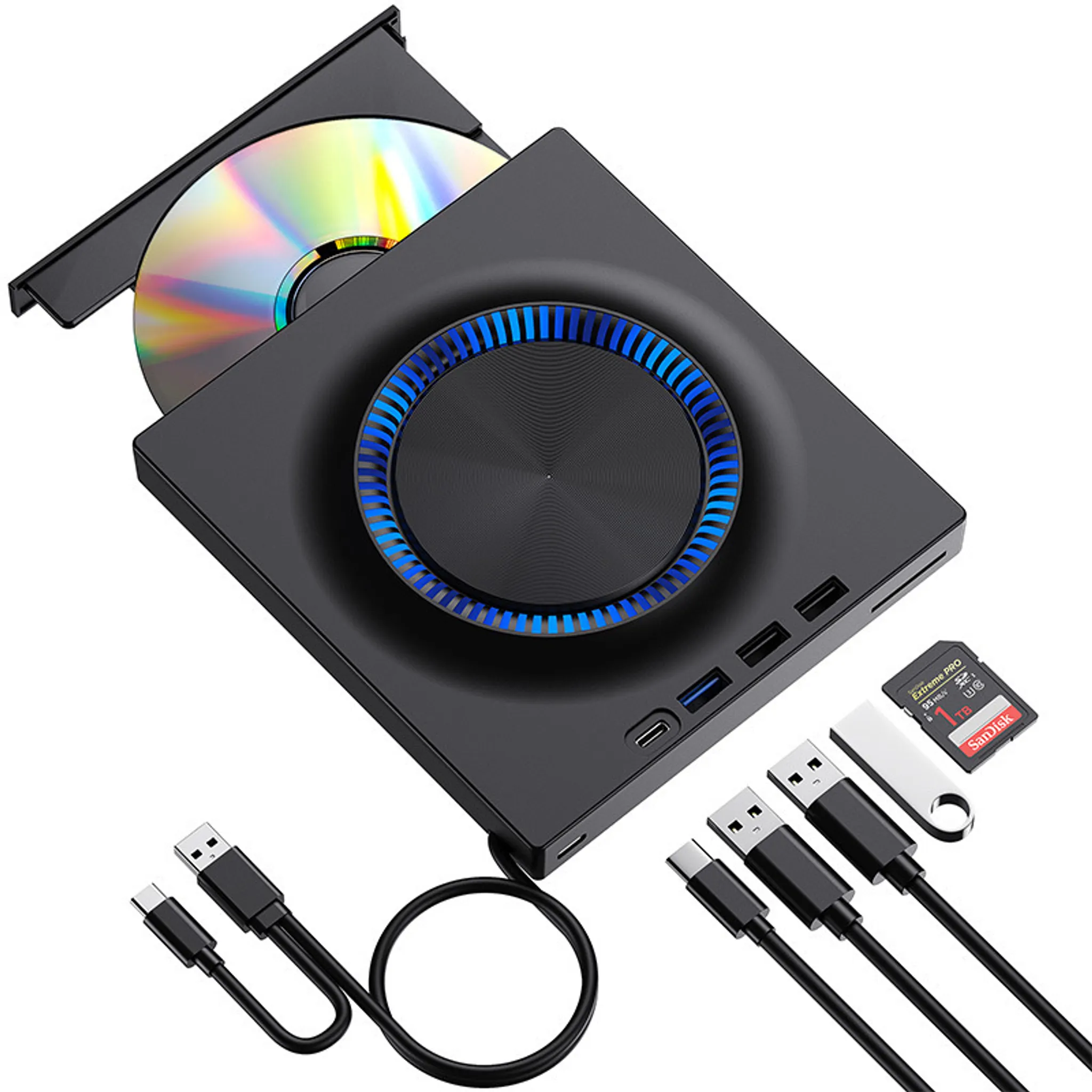 Schwarzer externer CD/DVD-Brenner mit blau beleuchtetem Ring, USB-Kabeln, USB-Stick und SD-Karte.