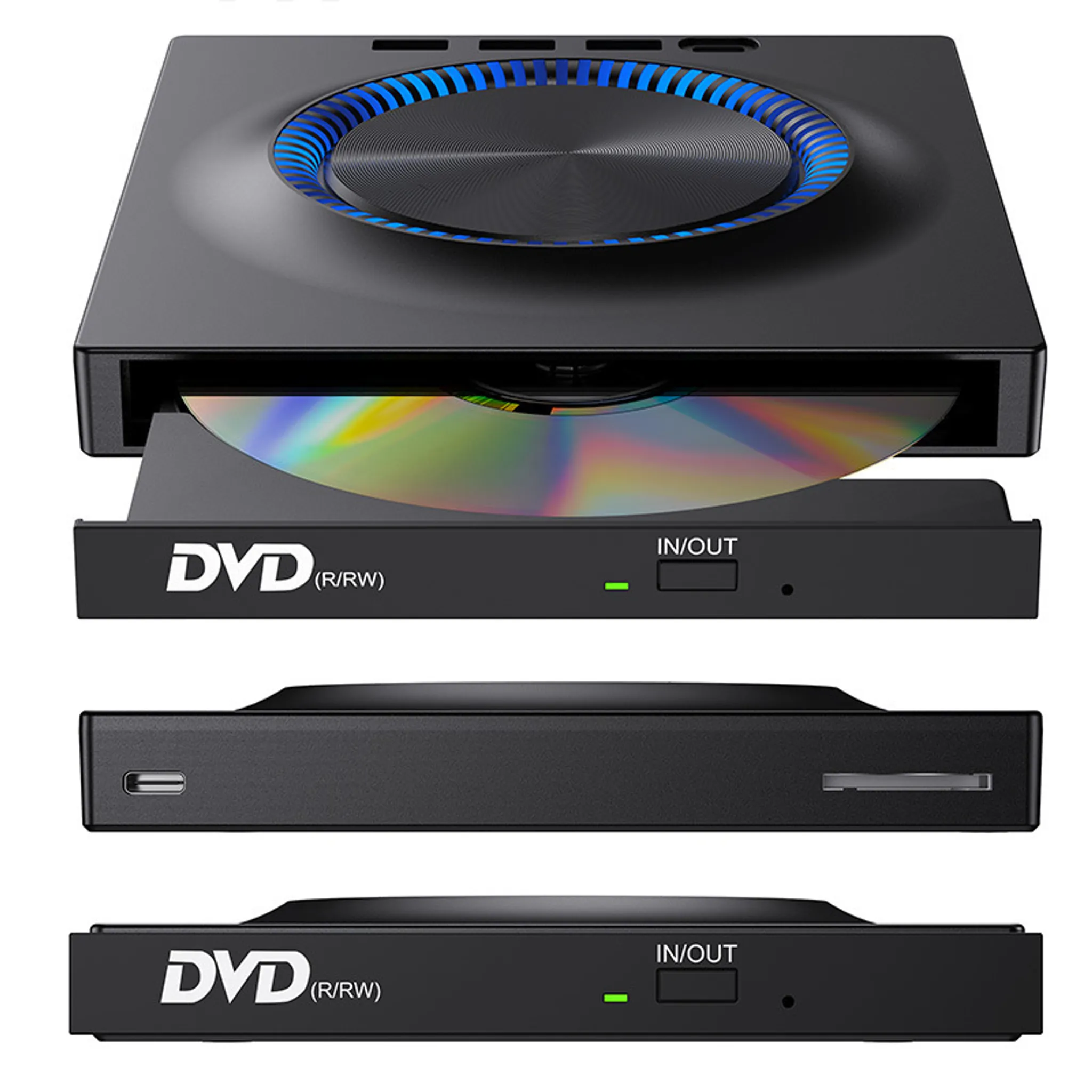 Schwarzes externes DVD-Laufwerk mit blau beleuchtetem Ring und eingelegter Disc.