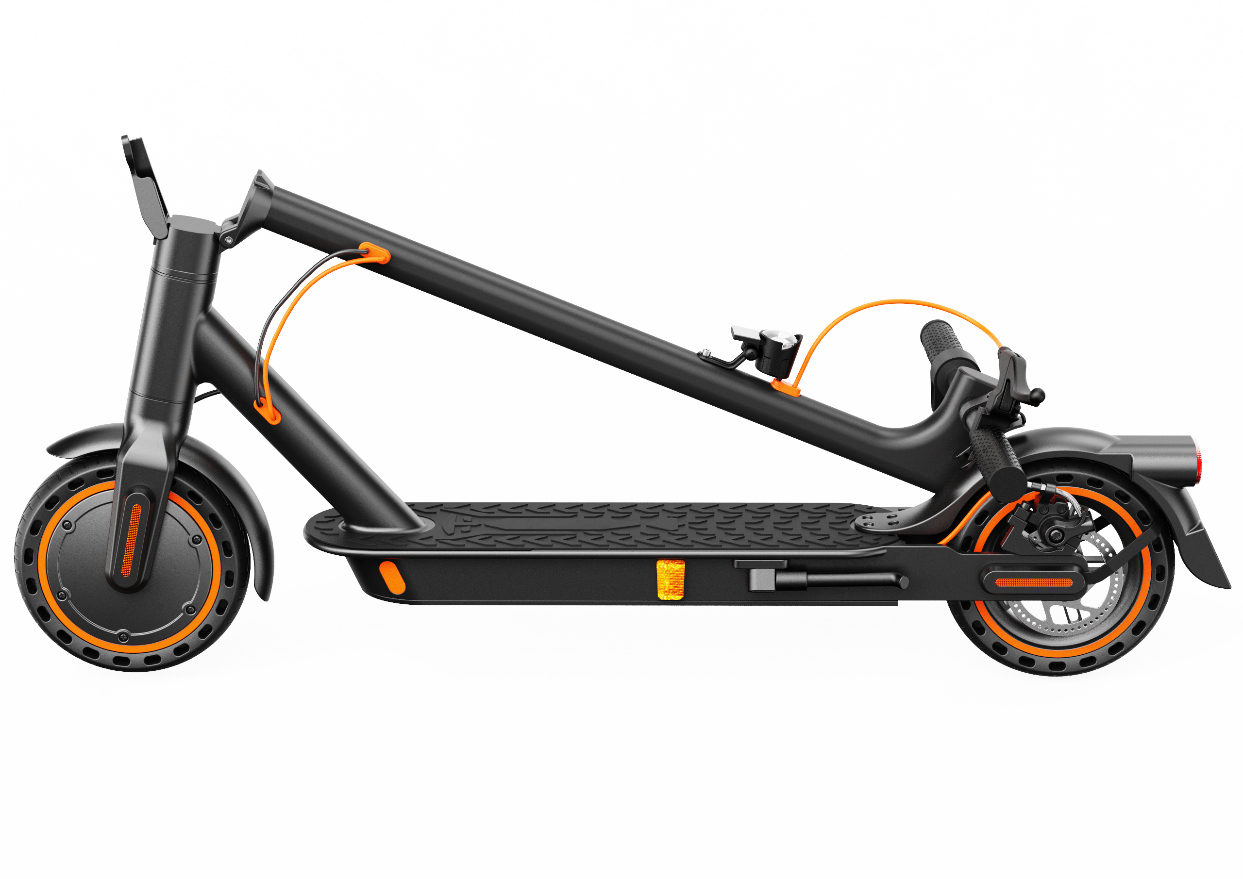 Ein schwarzer Elektroroller mit orangefarbenen Akzenten auf schwarzem Hintergrund.