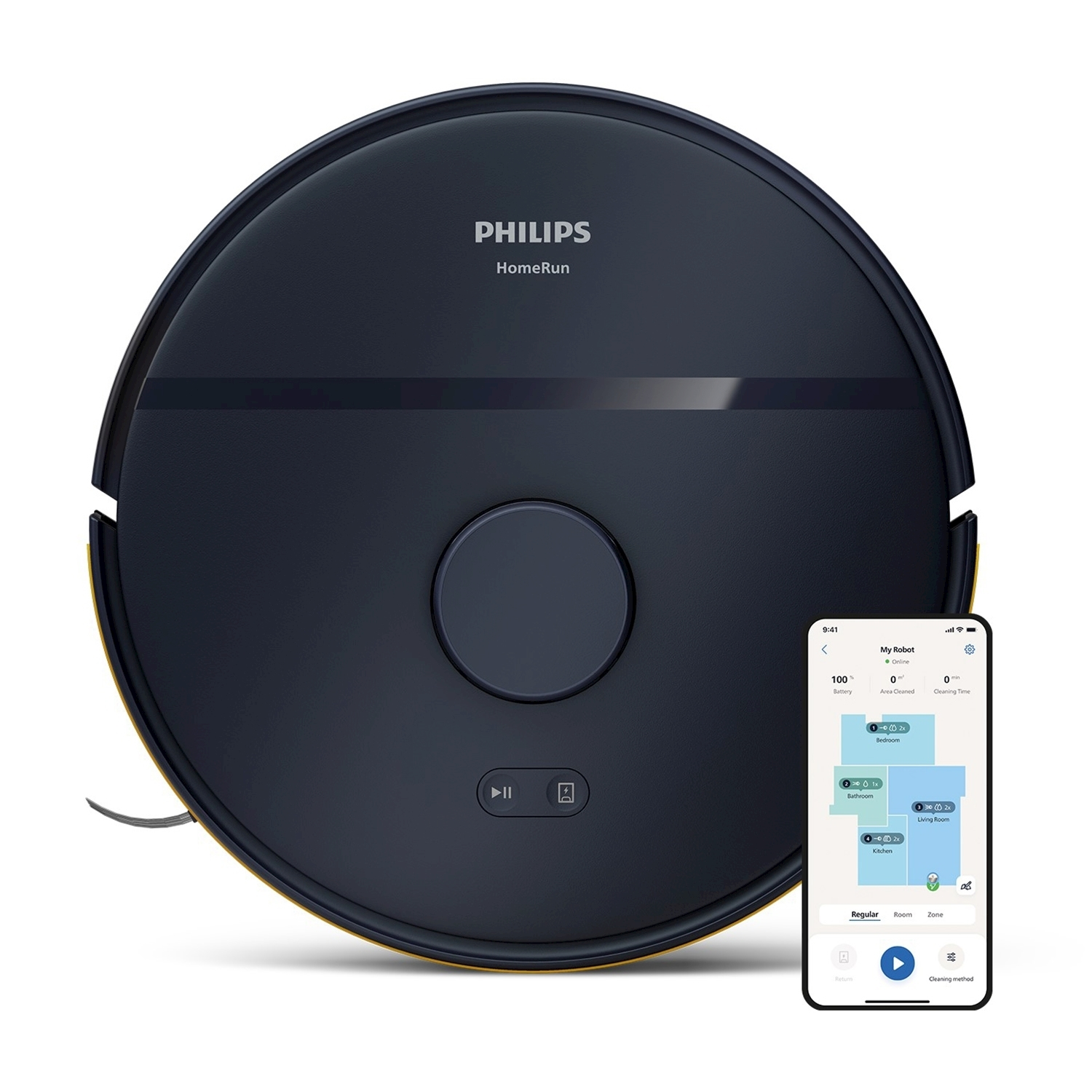 Aspiradora robot Philips gris oscuro con borde amarillo, junto a un smartphone con su app.