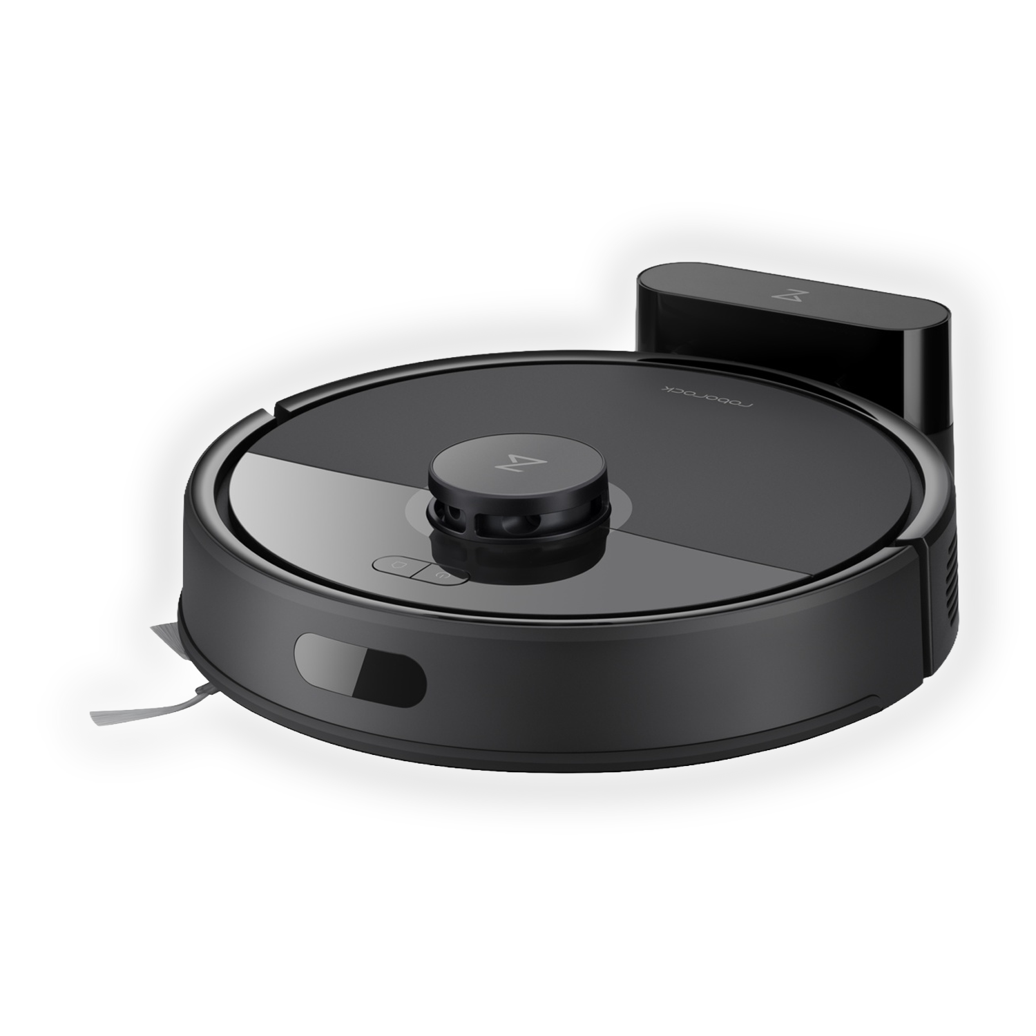 Un robot aspirador negro con base de carga sobre fondo negro.