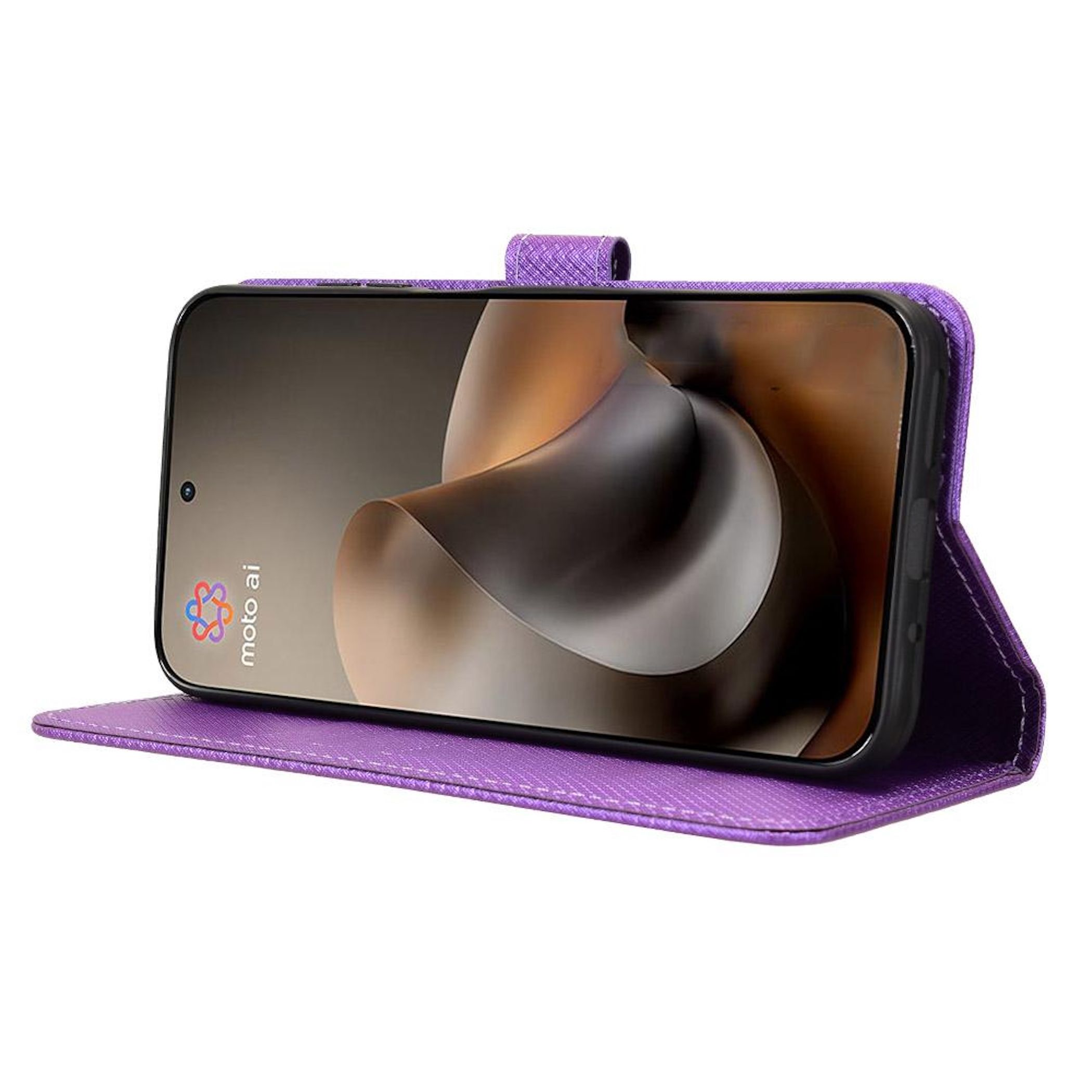 Lila Handyhülle mit offenem Klappdeckel und einem Smartphone im Inneren.