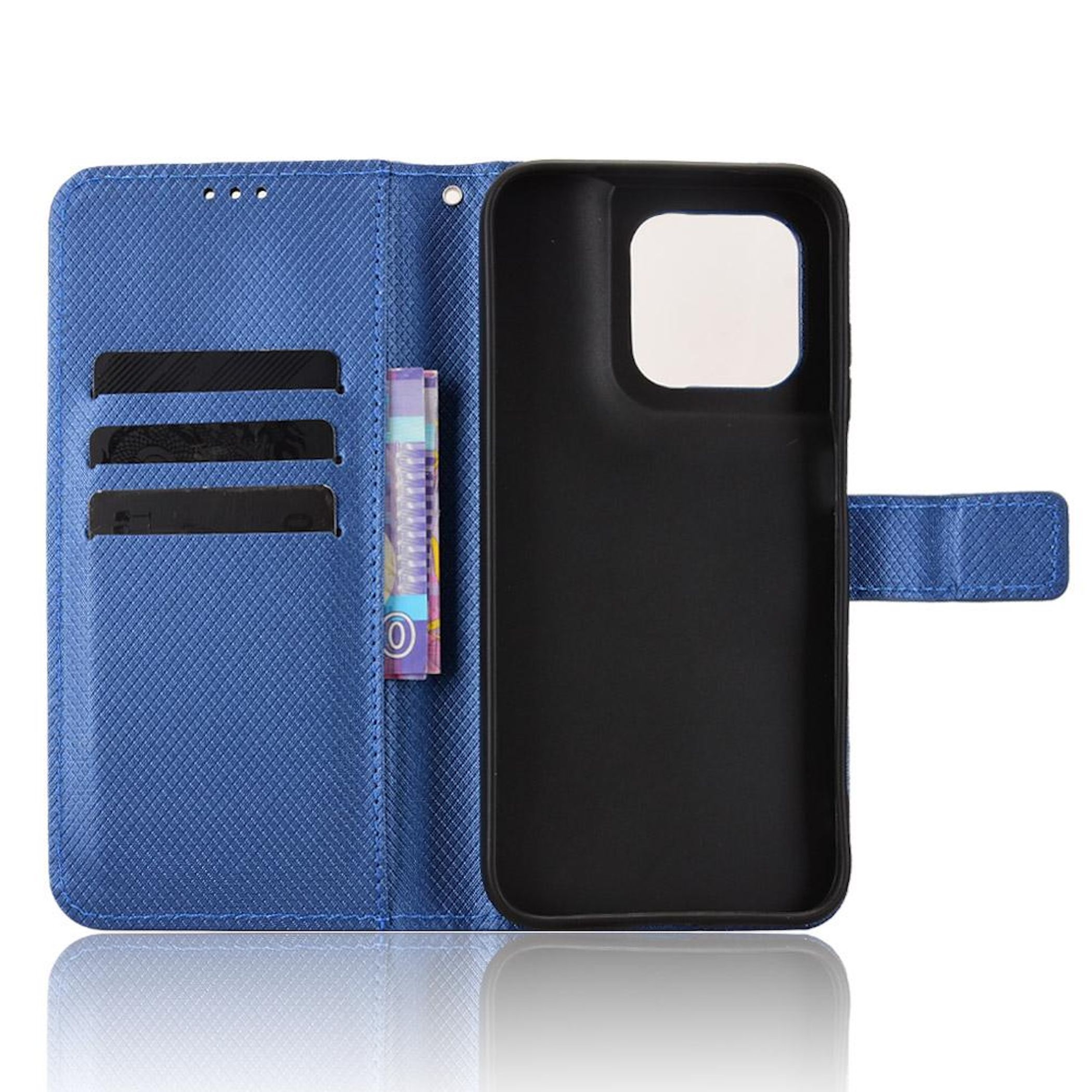 Blaues Handycover mit Kartenschlitzen und Geldscheinfach, auf weißem Hintergrund.