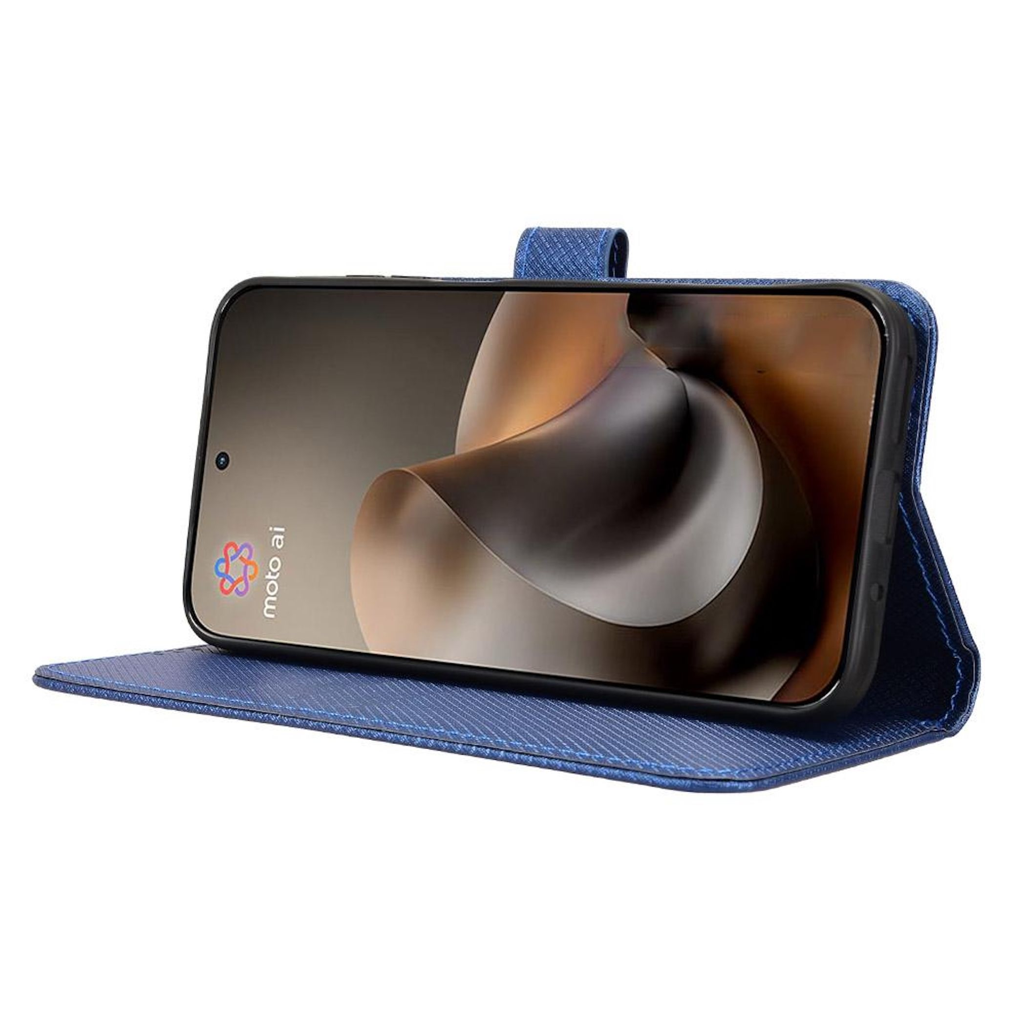 Ein blaues Smartphone-Etui mit aufgeschlagenem Deckel, das ein Smartphone mit einem abstrakten Hintergrund zeigt.