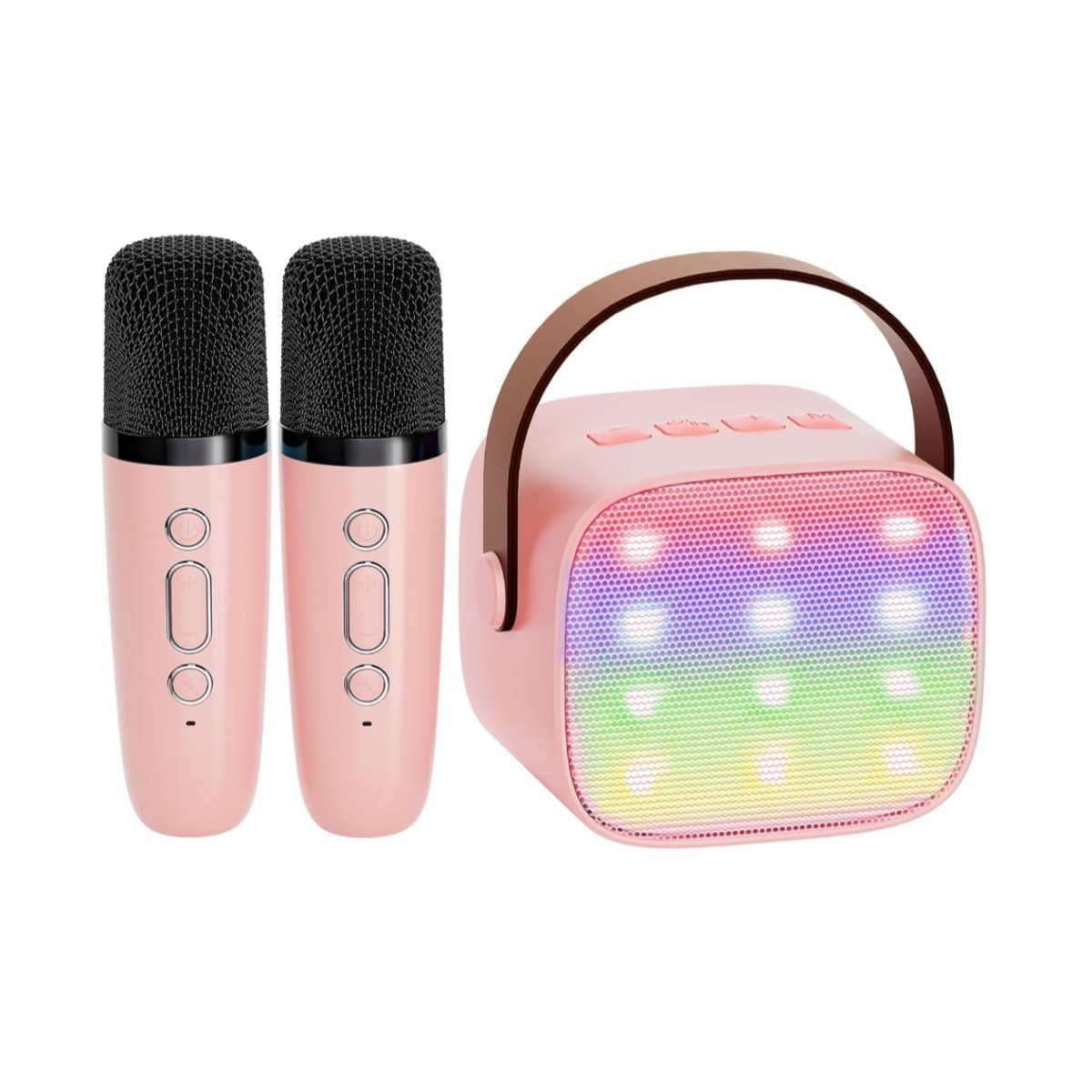 Pinker tragbarer Lautsprecher mit Regenbogenlichtern und zwei pinken Mikrofonen.
