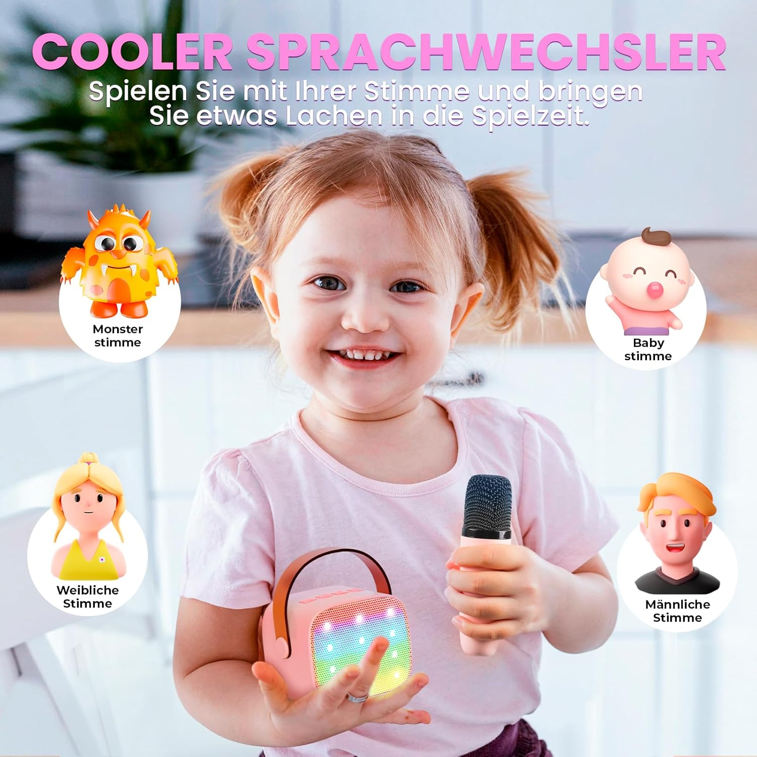 Ein Kind hält einen kleinen rosa Lautsprecher und Mikrofon, umgeben von Stimmen-Icons.