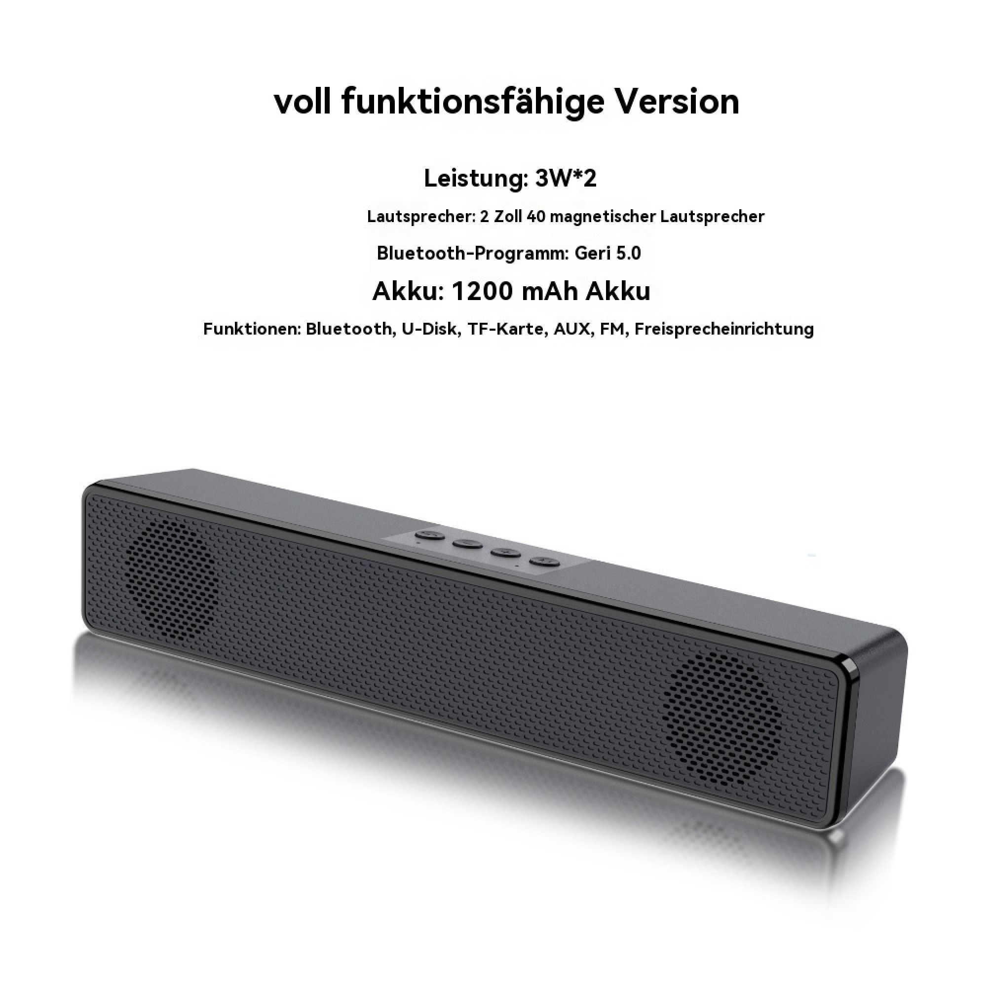 Schwarzer Bluetooth-Lautsprecher mit Lochmuster und Bedientasten.