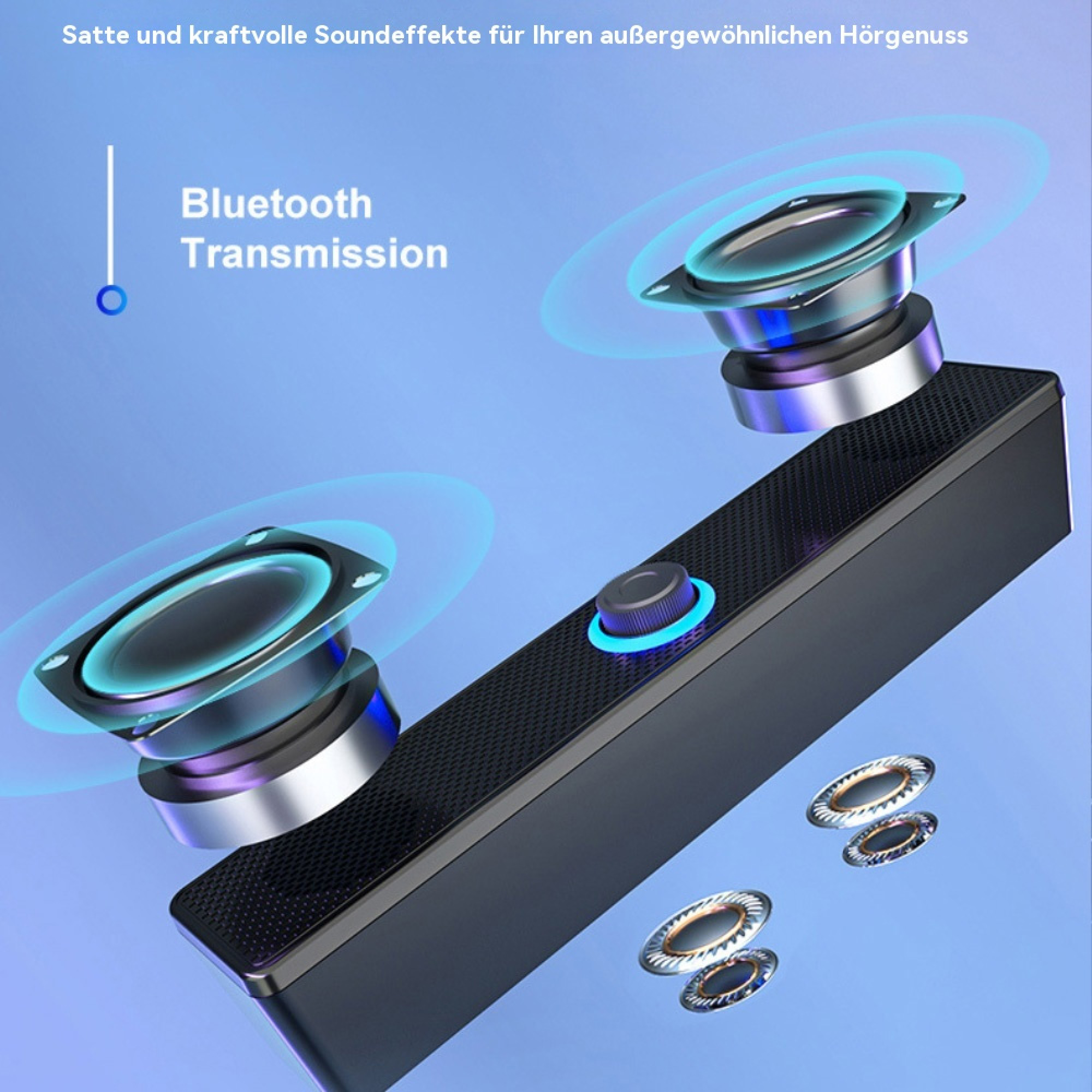 Schwarzer Lautsprecher mit zwei Treibern und Bluetooth-Übertragungssymbolen.