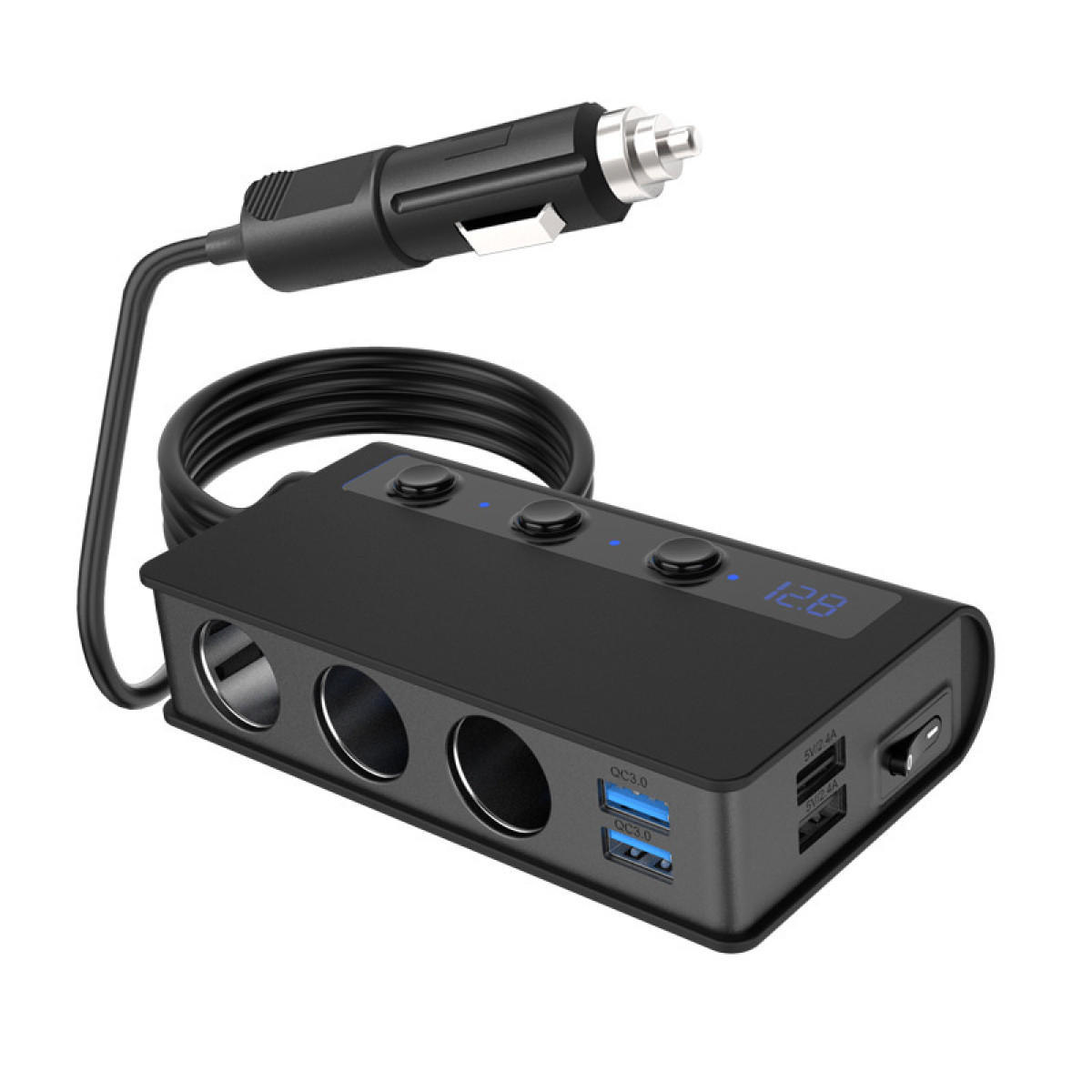 Schwarzes Autoladegerät mit 3 Steckdosen, 2 USB-Anschlüssen und Digitalanzeige.