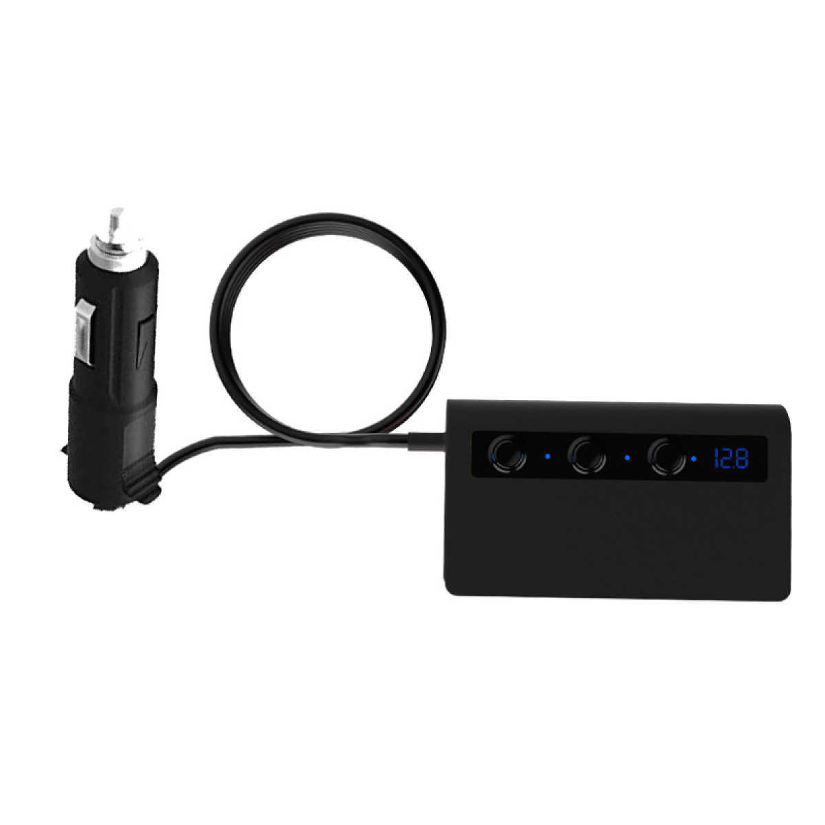 Ein schwarzer Auto-Adapter mit drei USB-Anschlüssen und digitaler Anzeige.