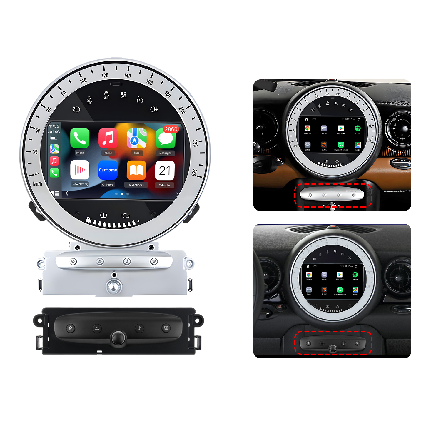 Rundes Auto-Display mit Apps und Bedienelementen, daneben Einbauansicht.