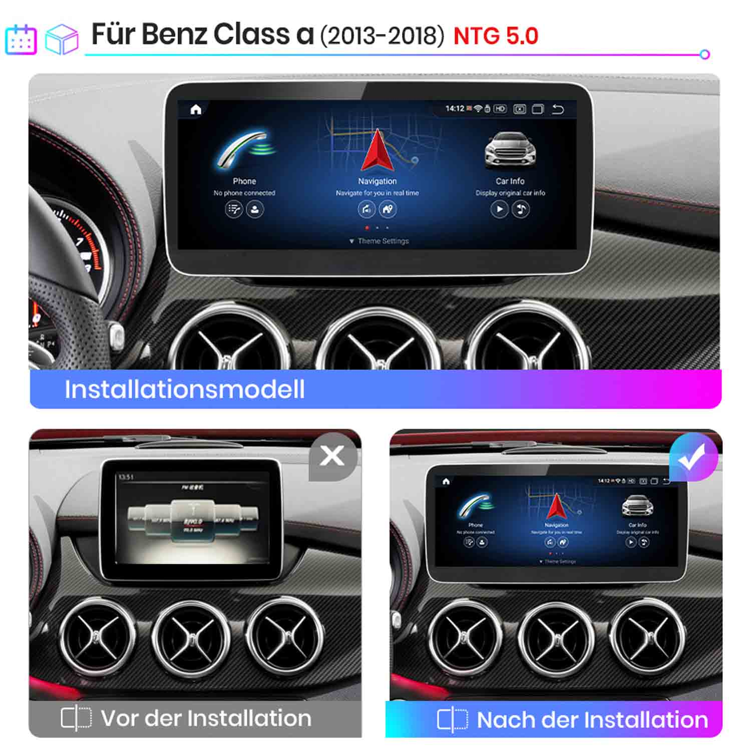 Auto-Armaturenbrett zeigt Navigation, Telefon und Fahrzeuginformationen vor und nach der Installation.