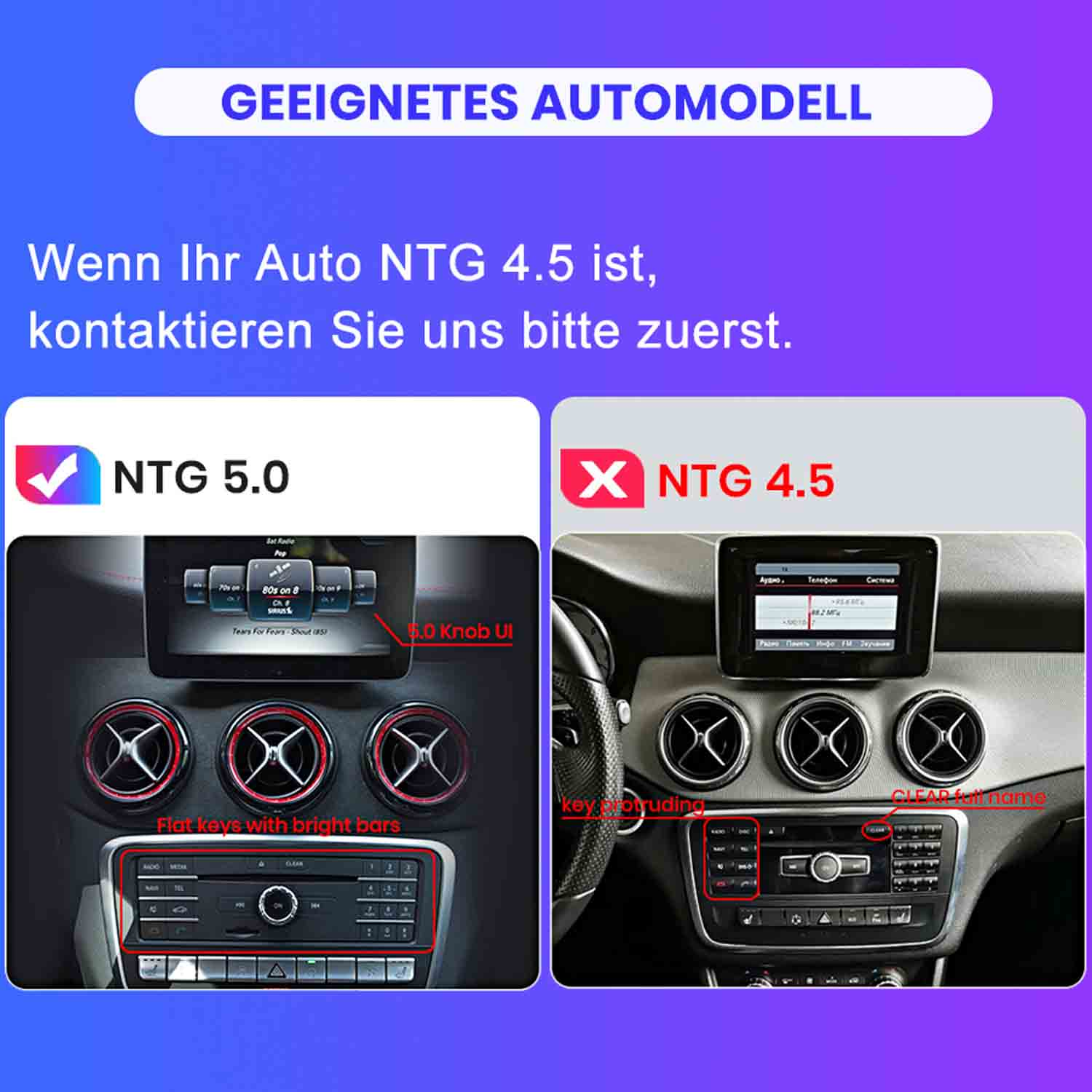 Vergleich von NTG 5.0 und NTG 4.5 Auto-Armaturenbrettern.