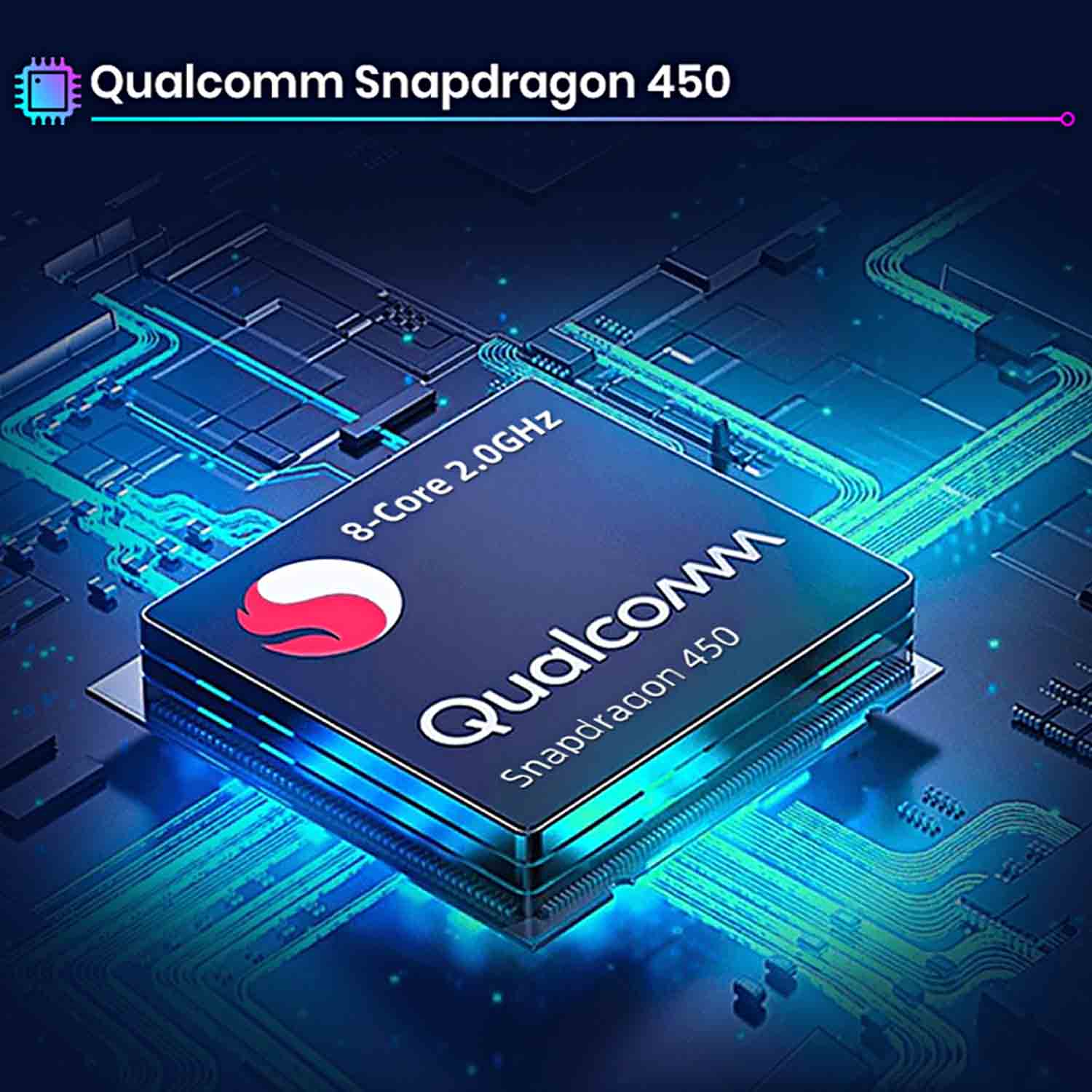 Qualcomm Snapdragon 450 Chip mit 8-Kern 2,0 GHz Prozessor auf einer Leiterplatte.