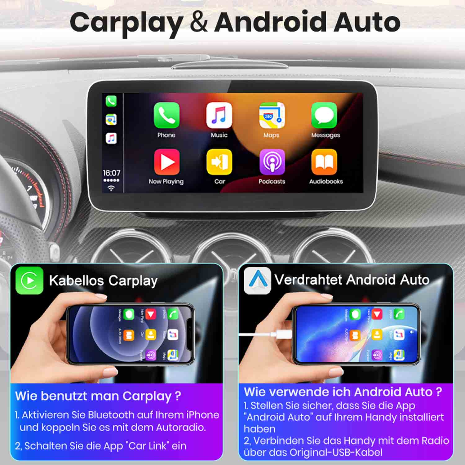 Infografik zeigt Carplay und Android Auto. Links kabellose Verbindung, rechts per USB.