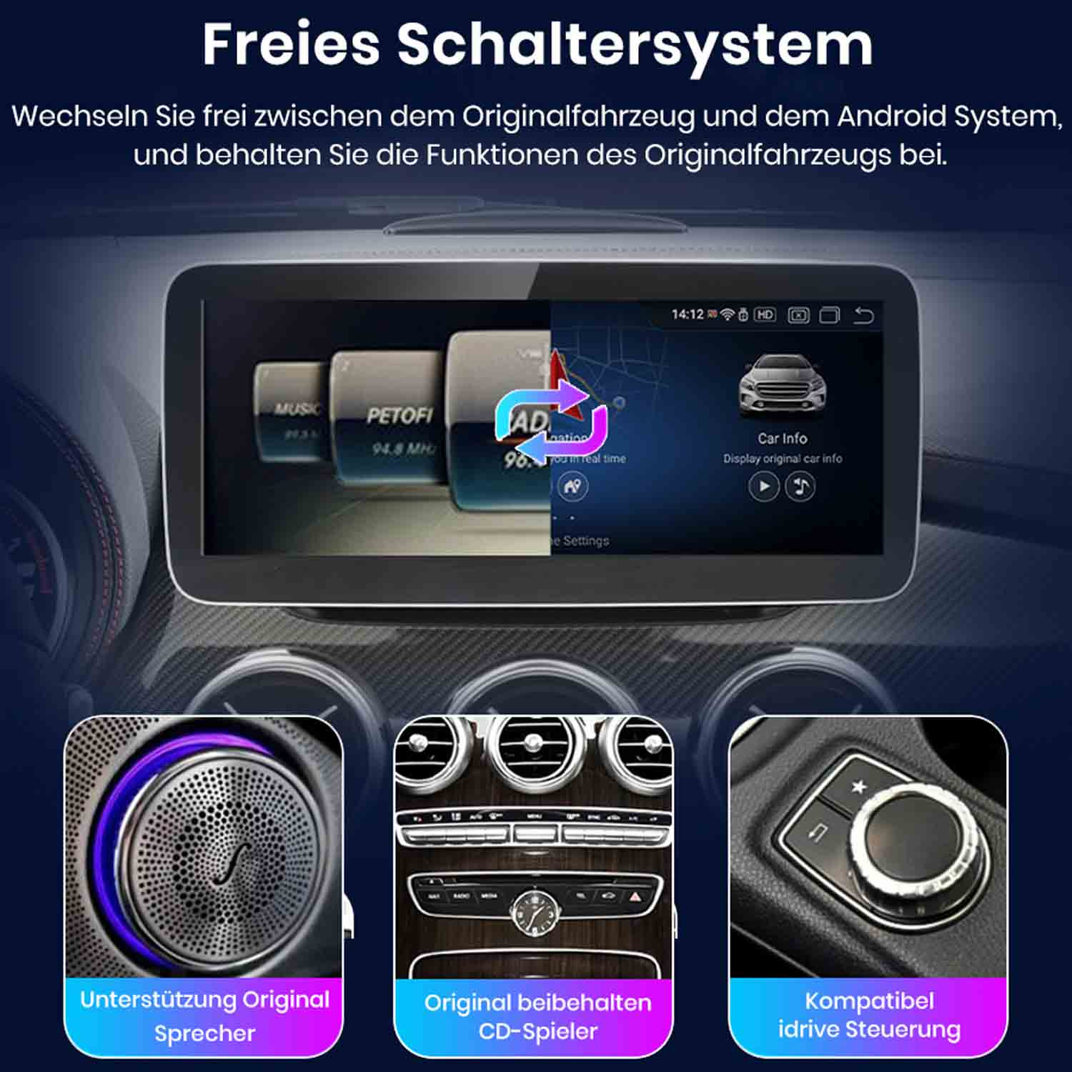 Auto-Armaturenbrett mit Bildschirm, der Navigation, Lautsprecher, Klimaregelung und iDrive-Controller zeigt.