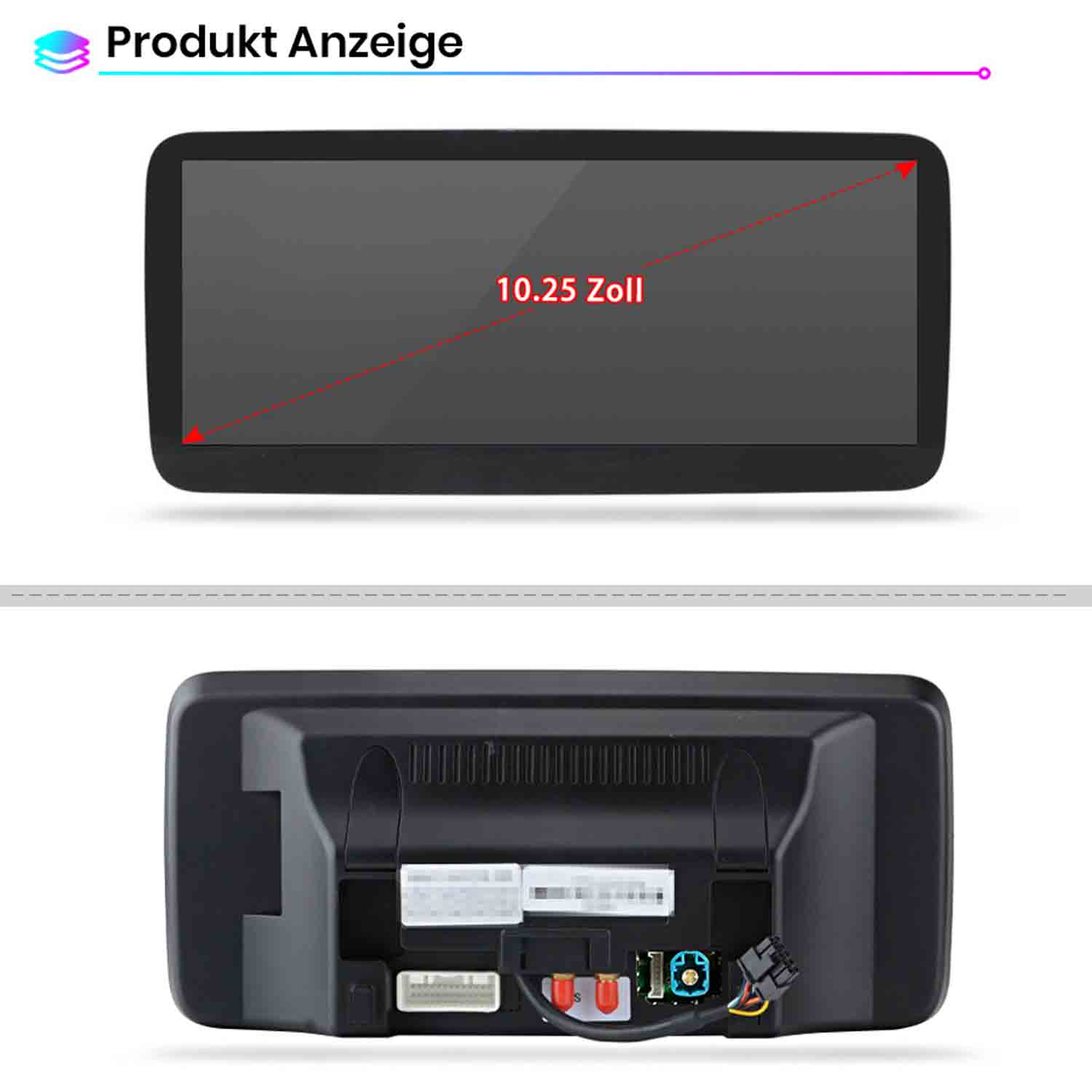 Vorder- und Rückansicht eines 10,25-Zoll-Autodisplays mit Anschlüssen.