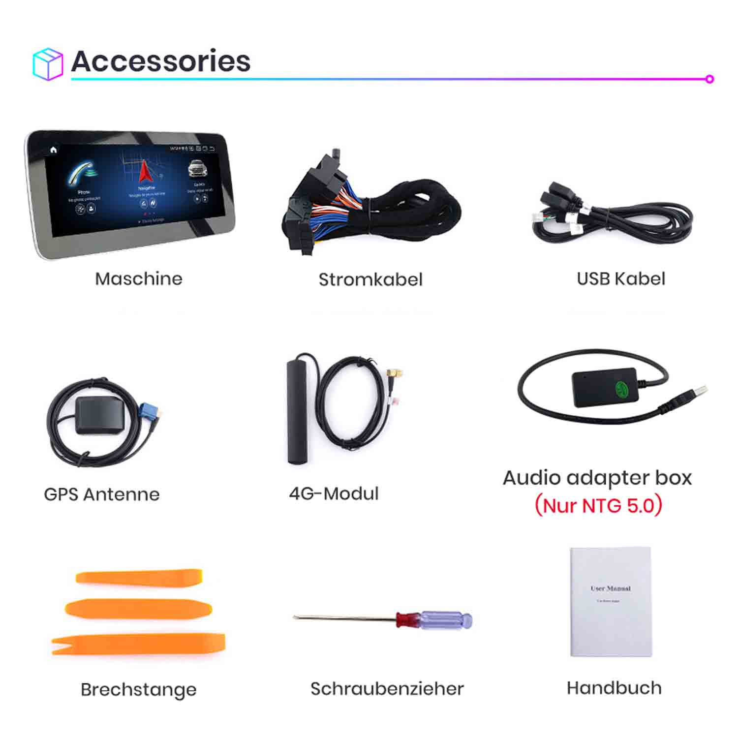 Zubehör: Bildschirm, Kabel, Antenne, Modul, Werkzeuge, Handbuch.