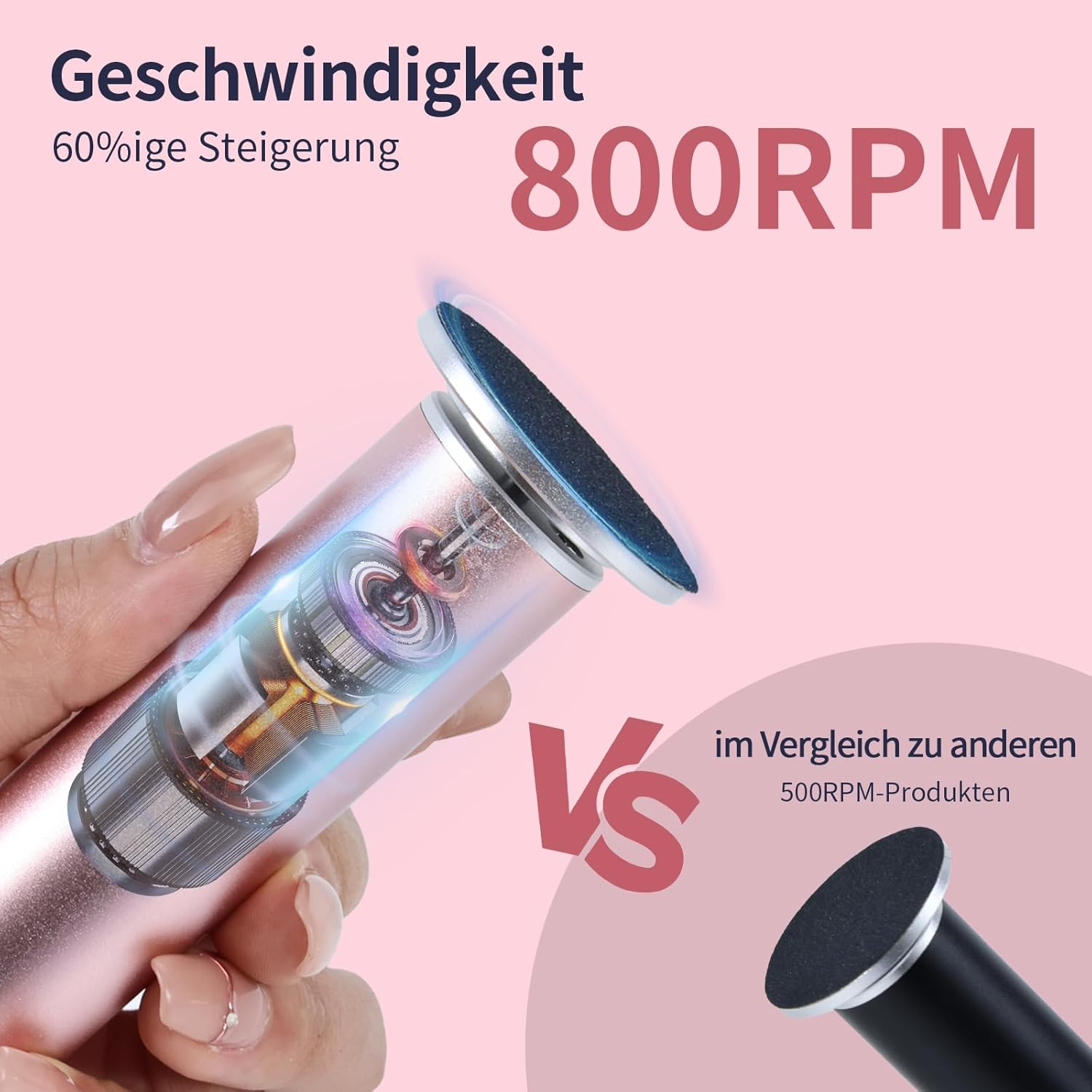 Roségoldene elektrische Nagelfeile mit sichtbarem Innenmechanismus. 800 U/min.