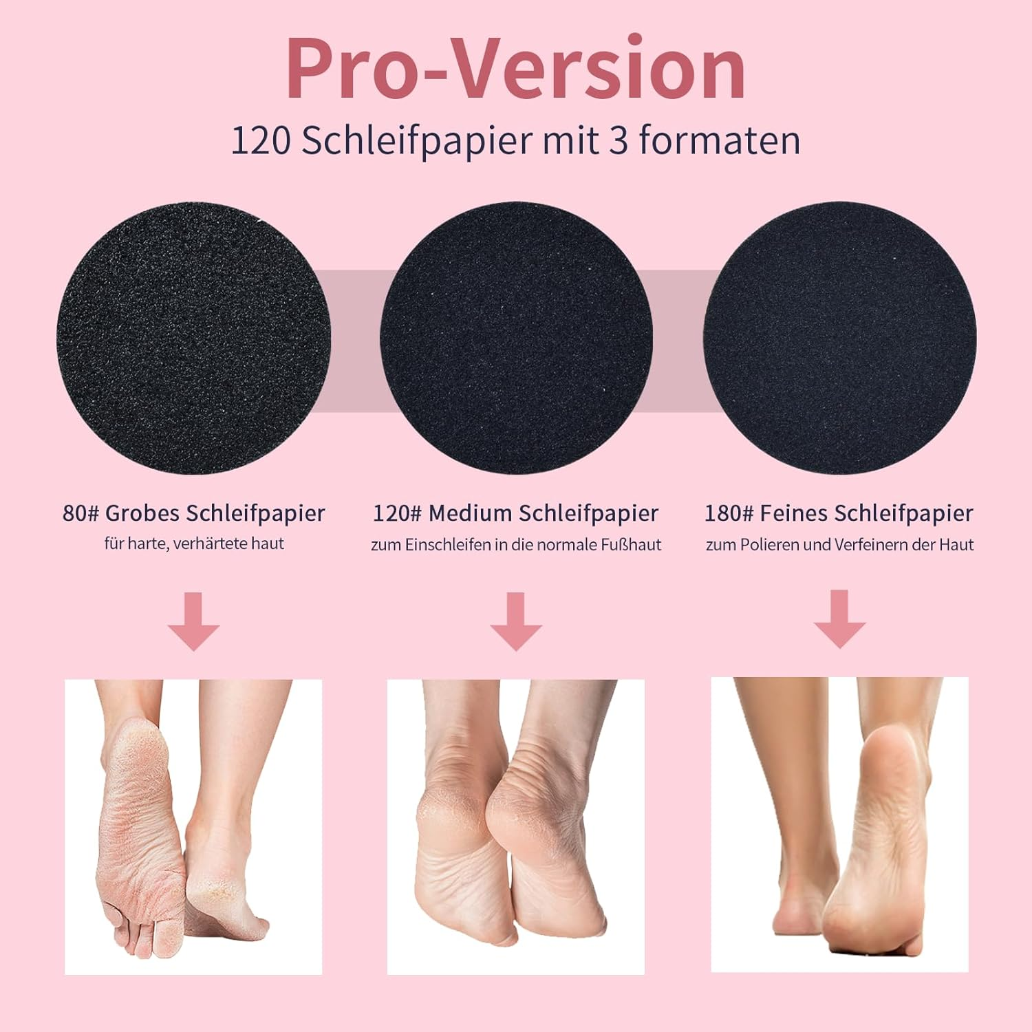 Pro-Version: 120 Schleifpapier in 3 Körnungen für Füße.