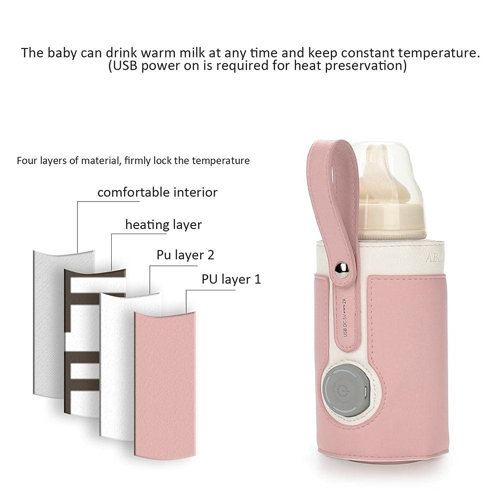 Ein rosa Flaschenwärmer mit einem Babyflaschenaufsatz und einer Schichtstruktur-Illustration.