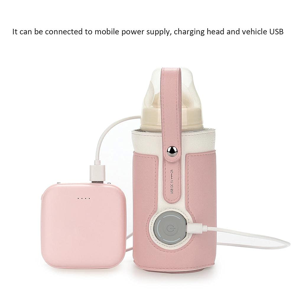 Ein rosa Flaschenwärmer mit einem Babyfläschchen und einem rosa Powerbank-Gerät.