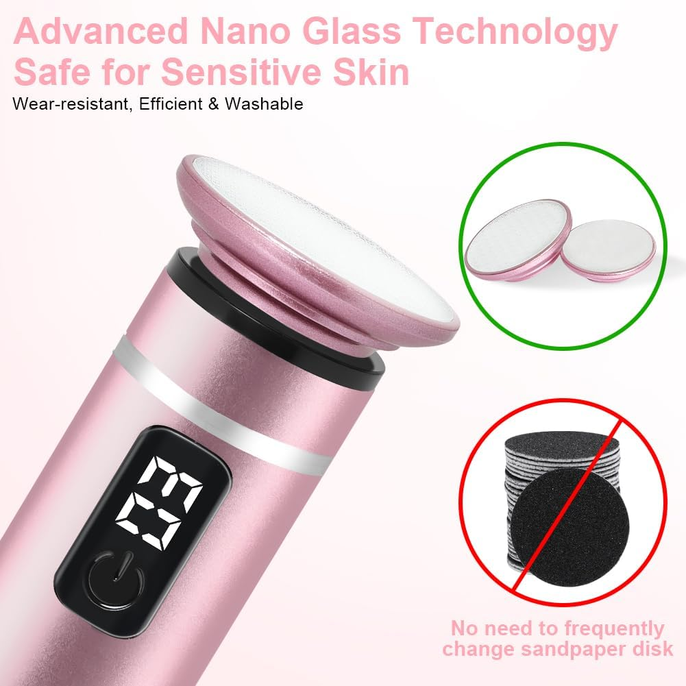 Eine rosa elektrische Fußfeile mit Digitalanzeige '29' und Power-Taste, daneben zwei weiße Scheiben und ein durchgestrichener Stapel schwarzer Schleifpapierscheiben.