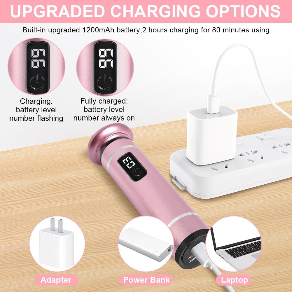 Ein roségoldenes Ladegerät mit digitaler Anzeige wird über ein Netzteil, eine Powerbank oder einen Laptop geladen.