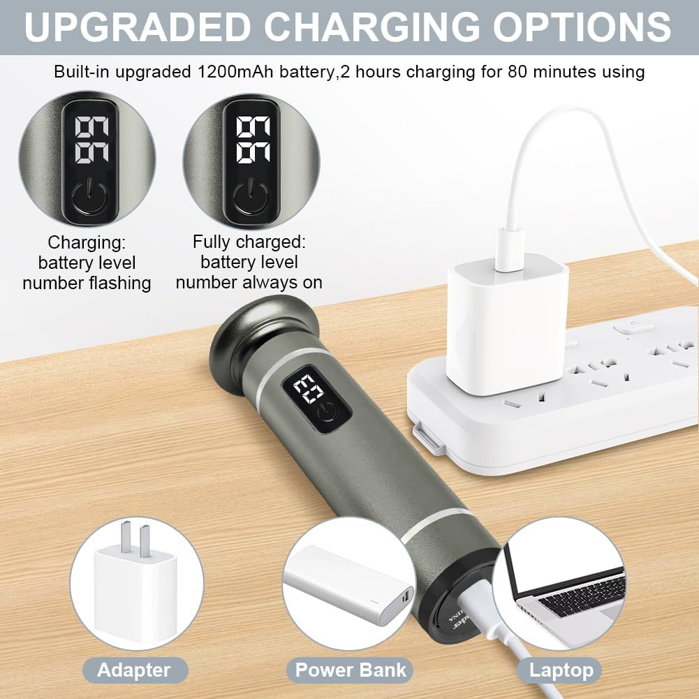 Ladegerät mit Anzeige, Netzteil, Powerbank und Laptop-Ladeoptionen.