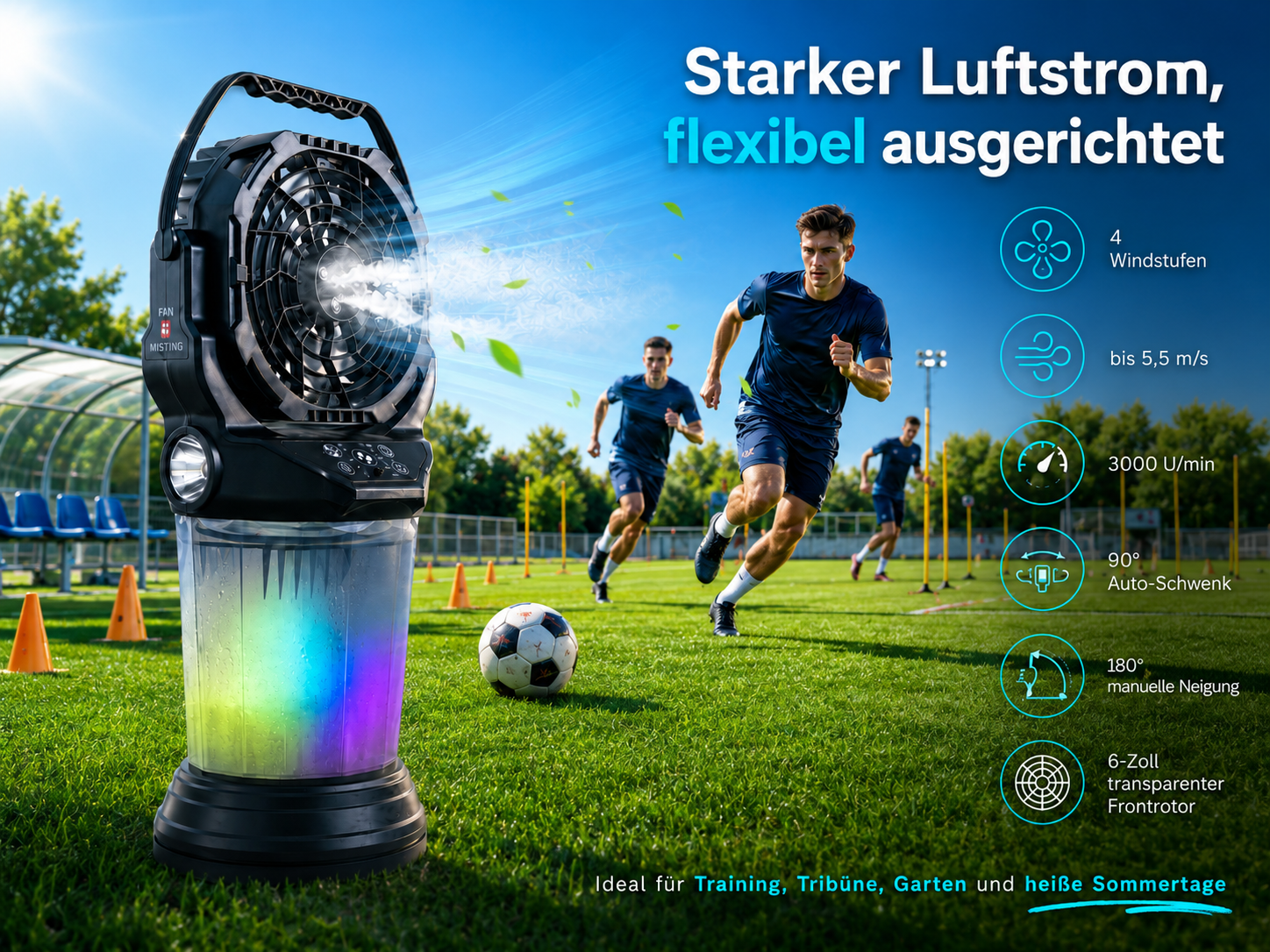 Ein Nebellüfter mit bunten Lichtern steht auf einem Fußballplatz. Läufer sind im Hintergrund.