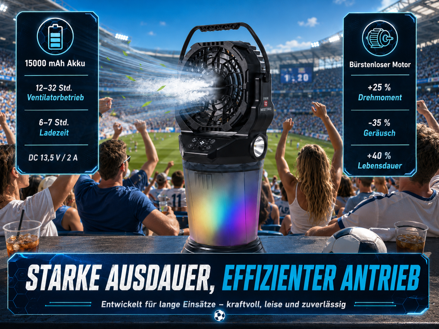 Ein tragbarer Ventilator mit Beleuchtung steht auf einer Tribüne. Infos zu Akku, Ladezeit und Motor.